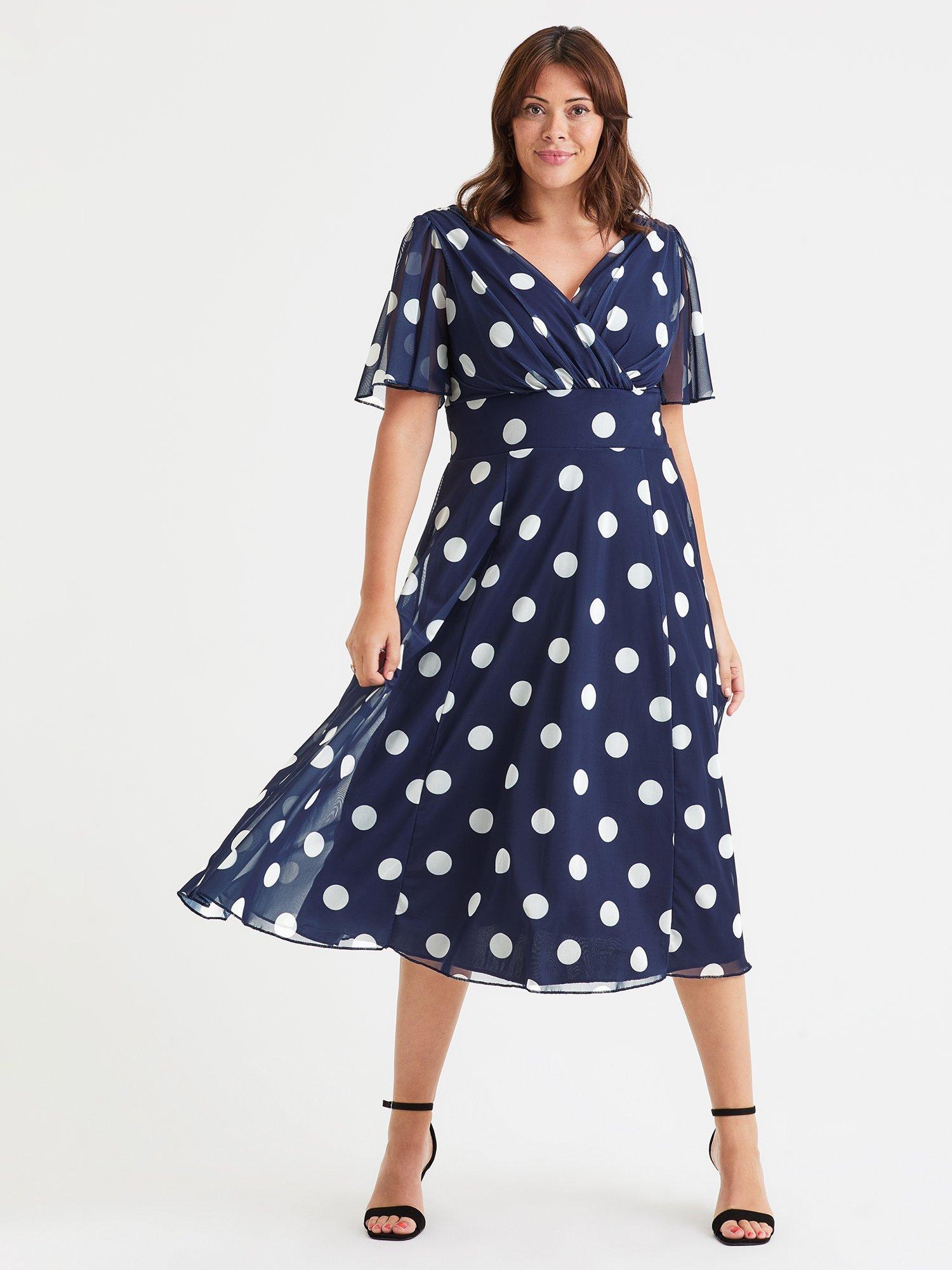 Product image 1 of 4, which shows Scarlett & Jo Victoria Polka Dot Angel Sleeve Mesh Midi Dress, Navy, 12