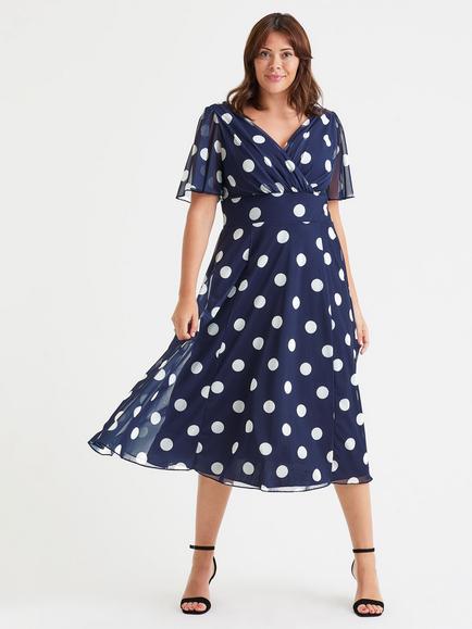Scarlett & Jo Victoria Polka Dot Angel Sleeve Mesh Midi Dress, Navy