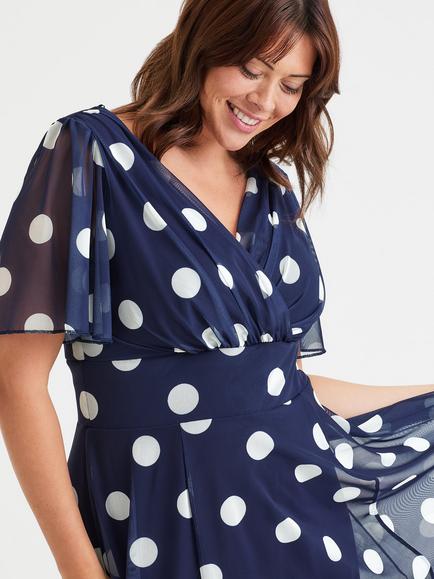 Scarlett & Jo Victoria Polka Dot Angel Sleeve Mesh Midi Dress - view 2, Navy