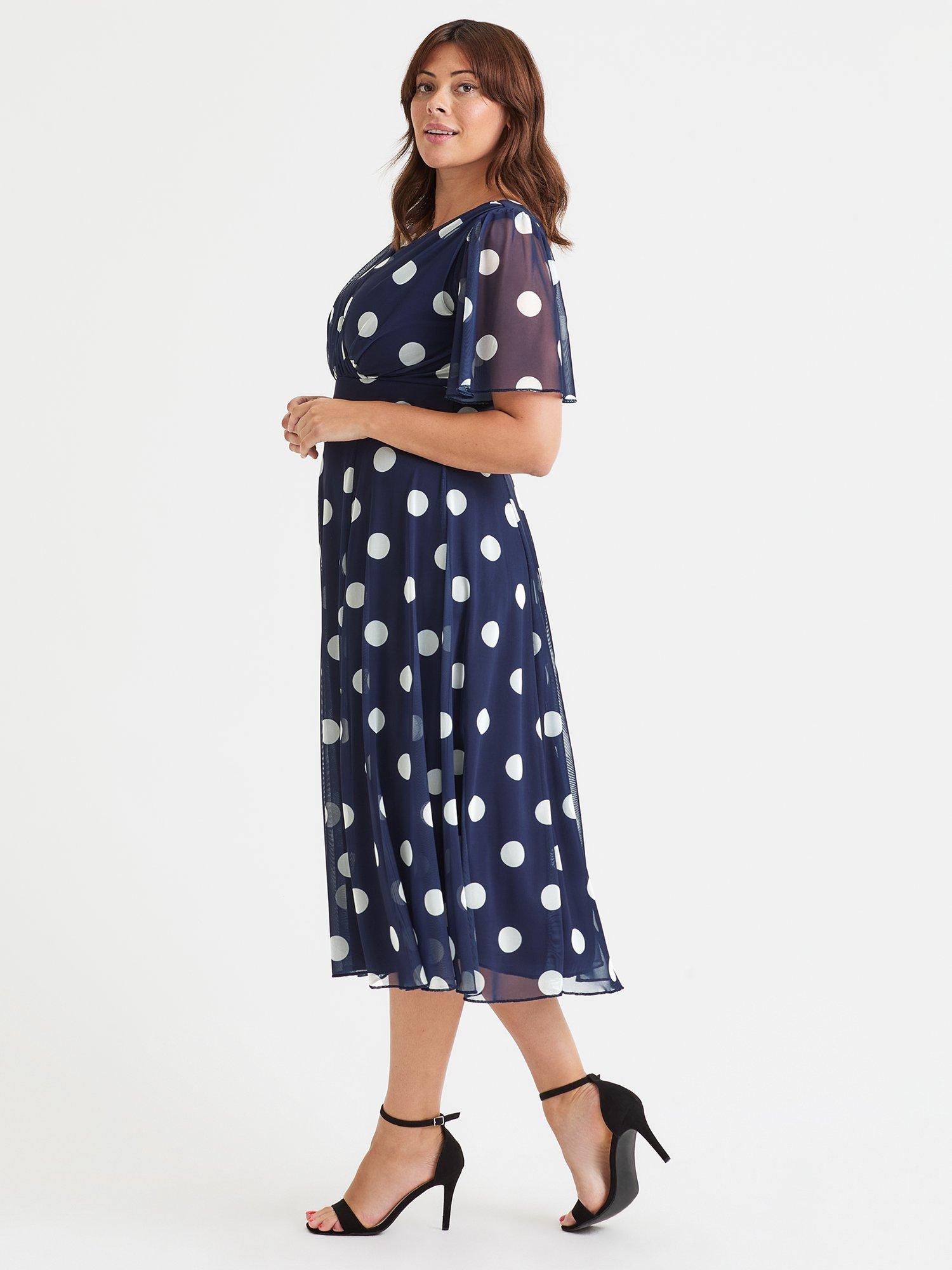 Product image 3 of 4, which shows Scarlett & Jo Victoria Polka Dot Angel Sleeve Mesh Midi Dress, Navy, 12