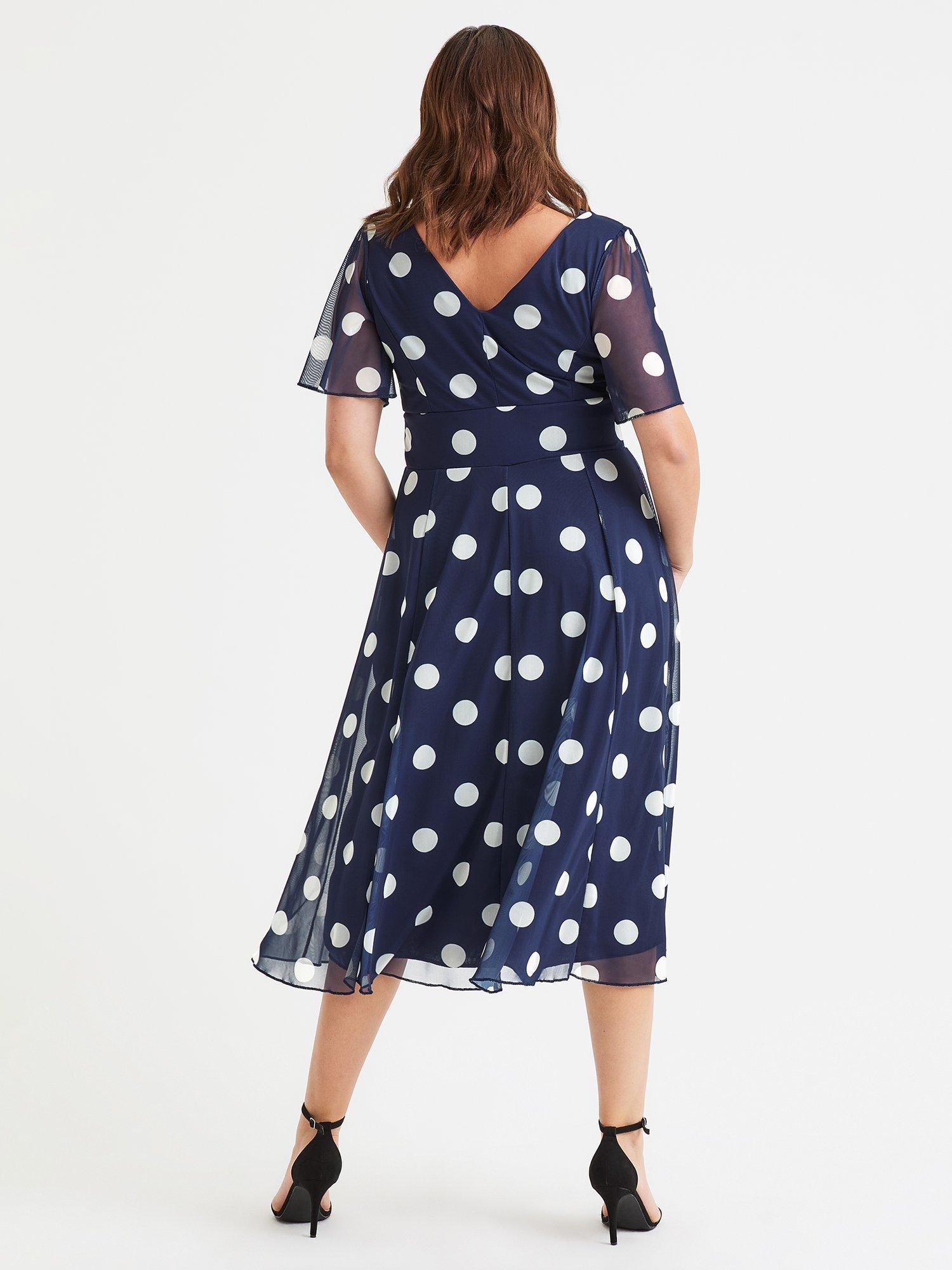 Product image 4 of 4, which shows Scarlett & Jo Victoria Polka Dot Angel Sleeve Mesh Midi Dress, Navy, 12