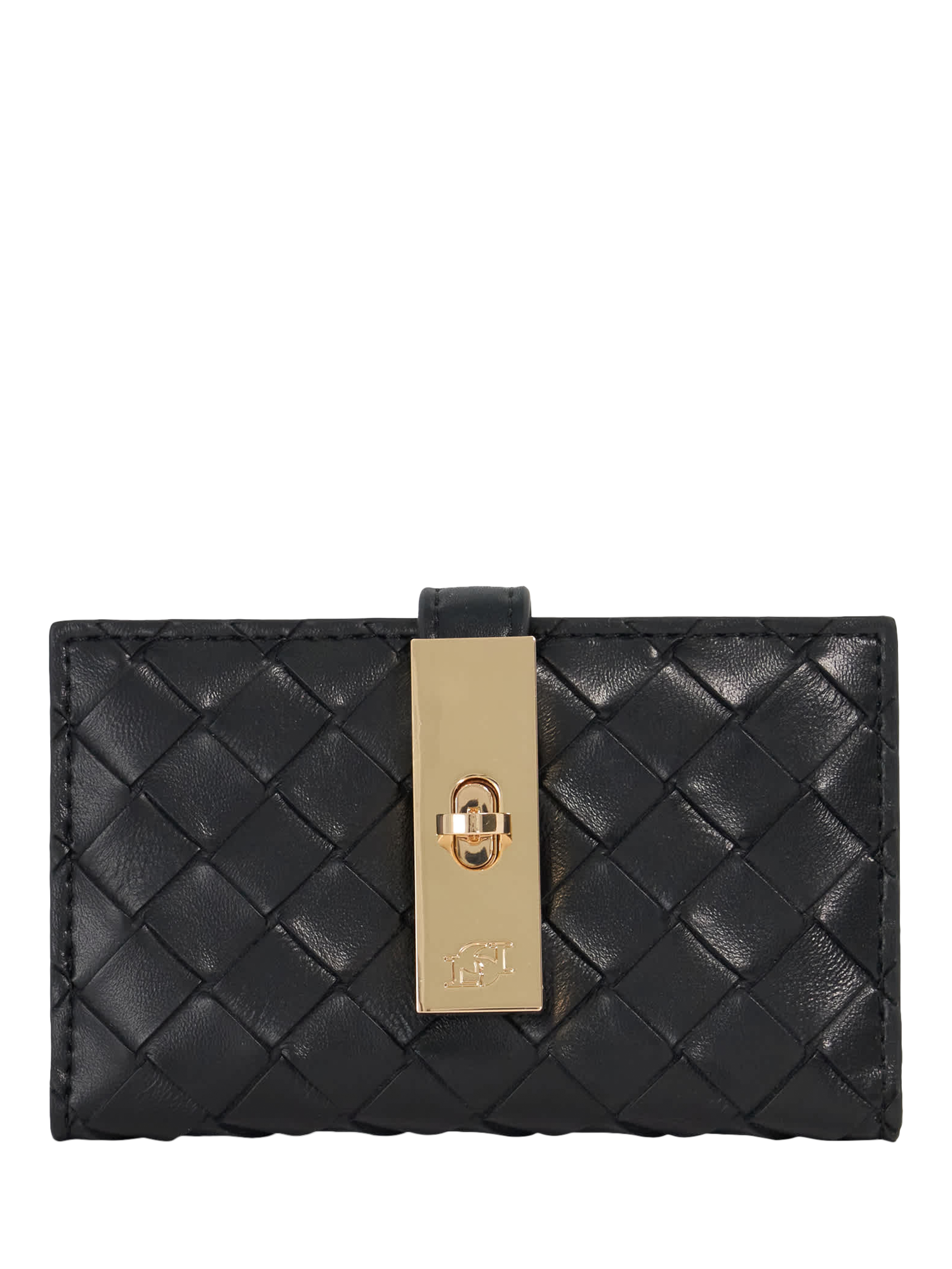 Product image 1 of 5, which shows Dune London Kassia Turn Lock Woven Leather Purse, Black
