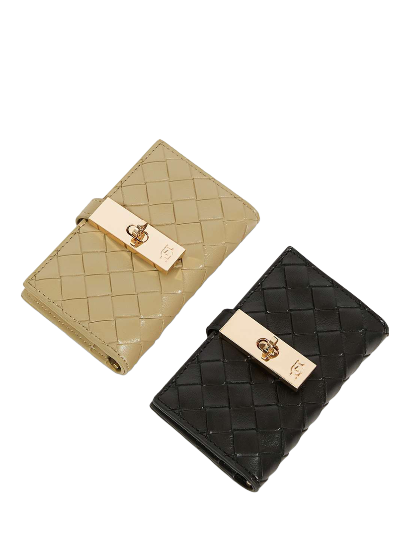 Product image 2 of 5, which shows Dune London Kassia Turn Lock Woven Leather Purse, Black