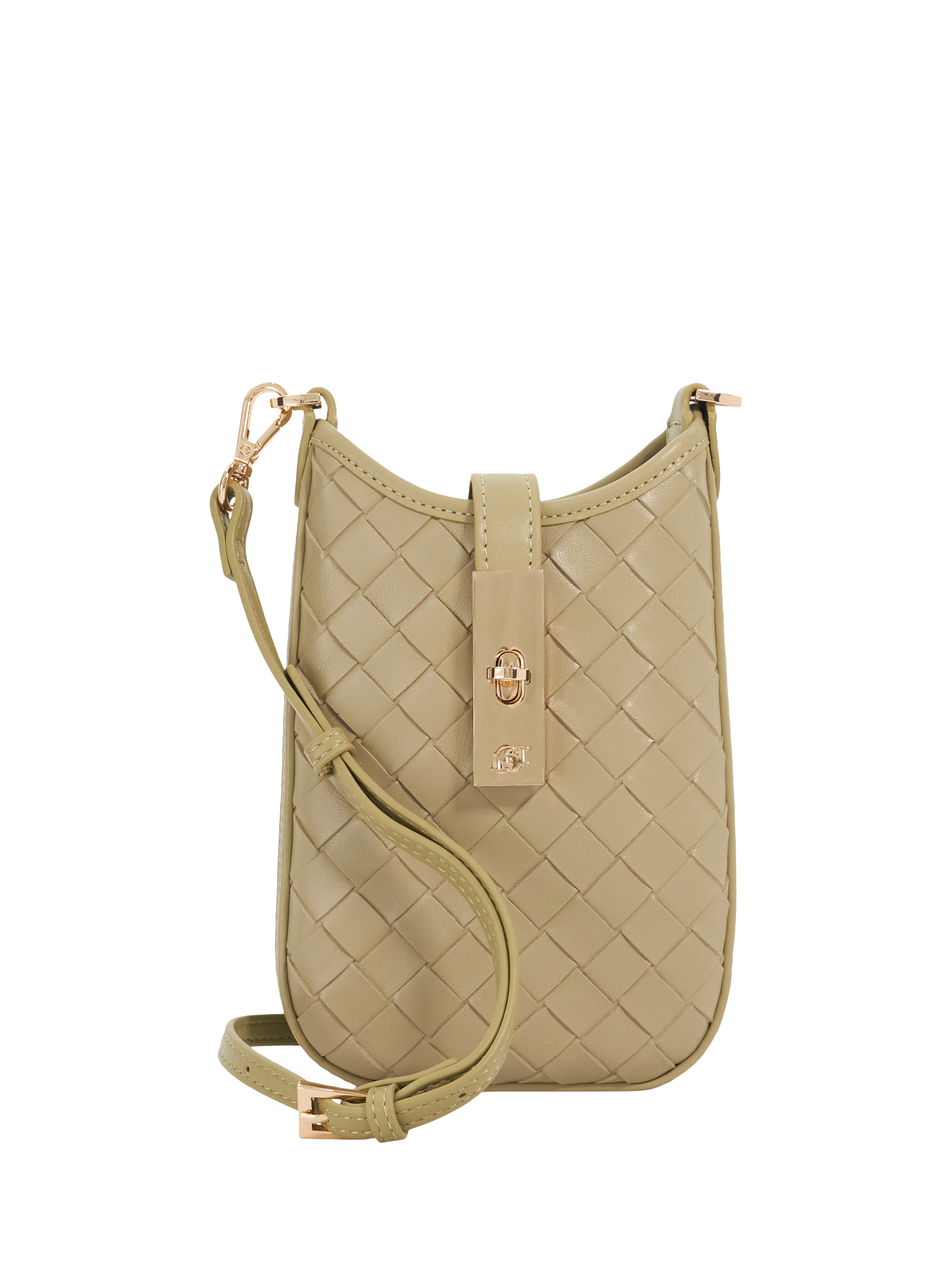 Product image 1 of 6, which shows Dune London Seeking Turn Lock Woven Leather Phone Pouch, Khaki