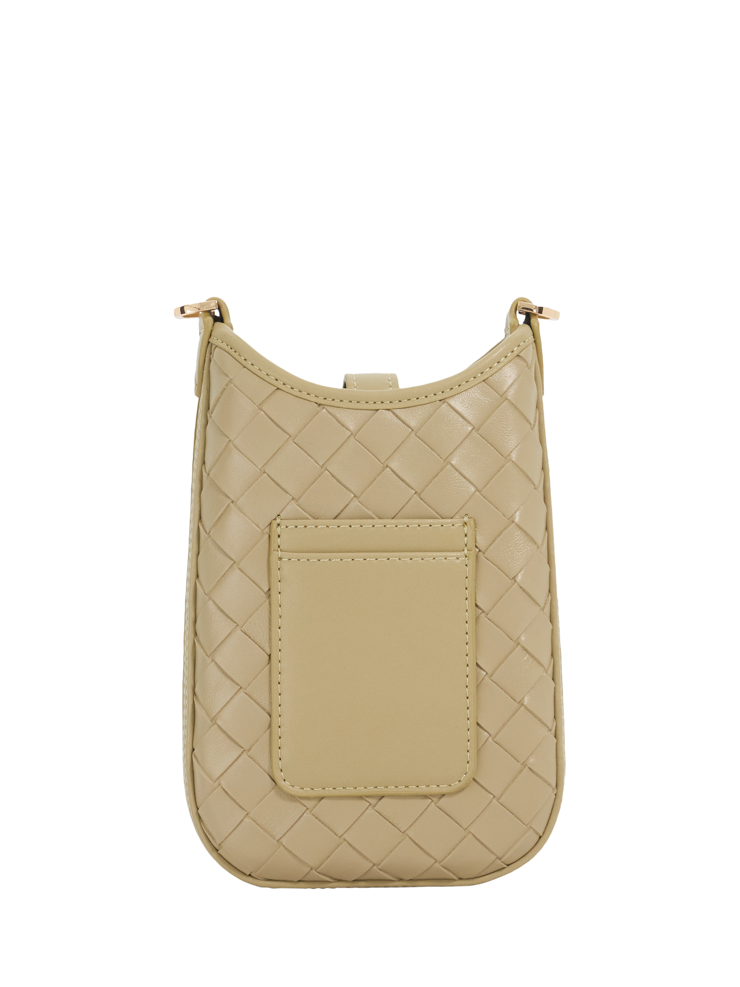 Product image 3 of 6, which shows Dune London Seeking Turn Lock Woven Leather Phone Pouch, Khaki