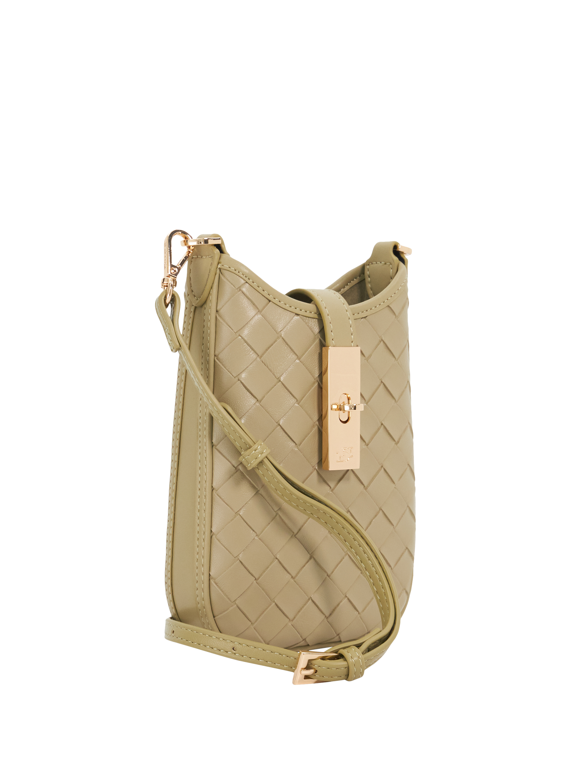 Product image 4 of 6, which shows Dune London Seeking Turn Lock Woven Leather Phone Pouch, Khaki