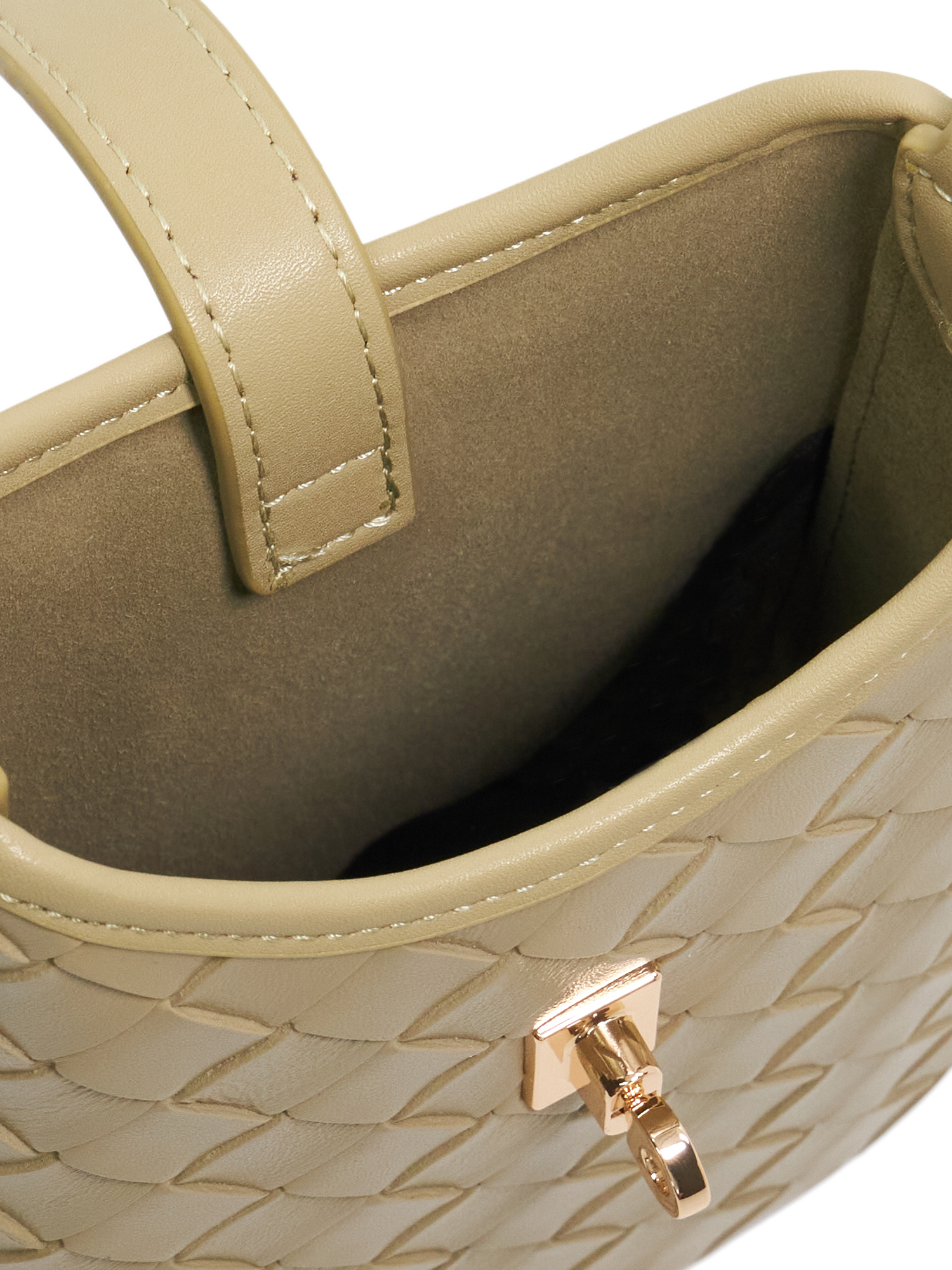 Product image 6 of 6, which shows Dune London Seeking Turn Lock Woven Leather Phone Pouch, Khaki