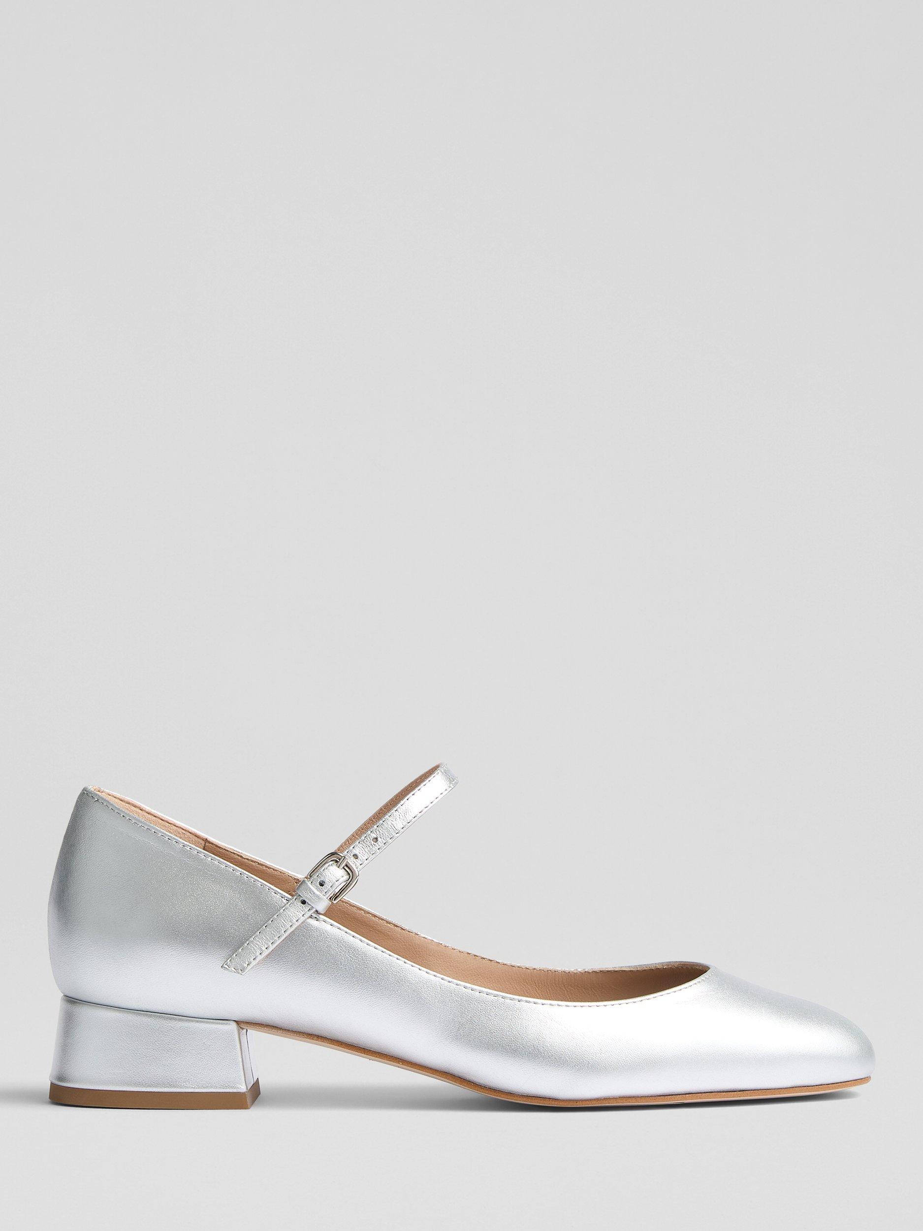 Product image 1 of 3, which shows L.K.Bennett Beatrix Leather Block Heel Mary Jane Court Shoes, Metallic Silver, 3