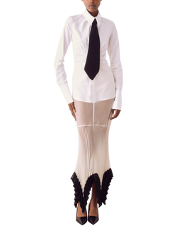 S.S.DALEY Edith Sheer Pure Silk Sunray Pleated Skirt, Ecru White / Black, Ecru White / Black