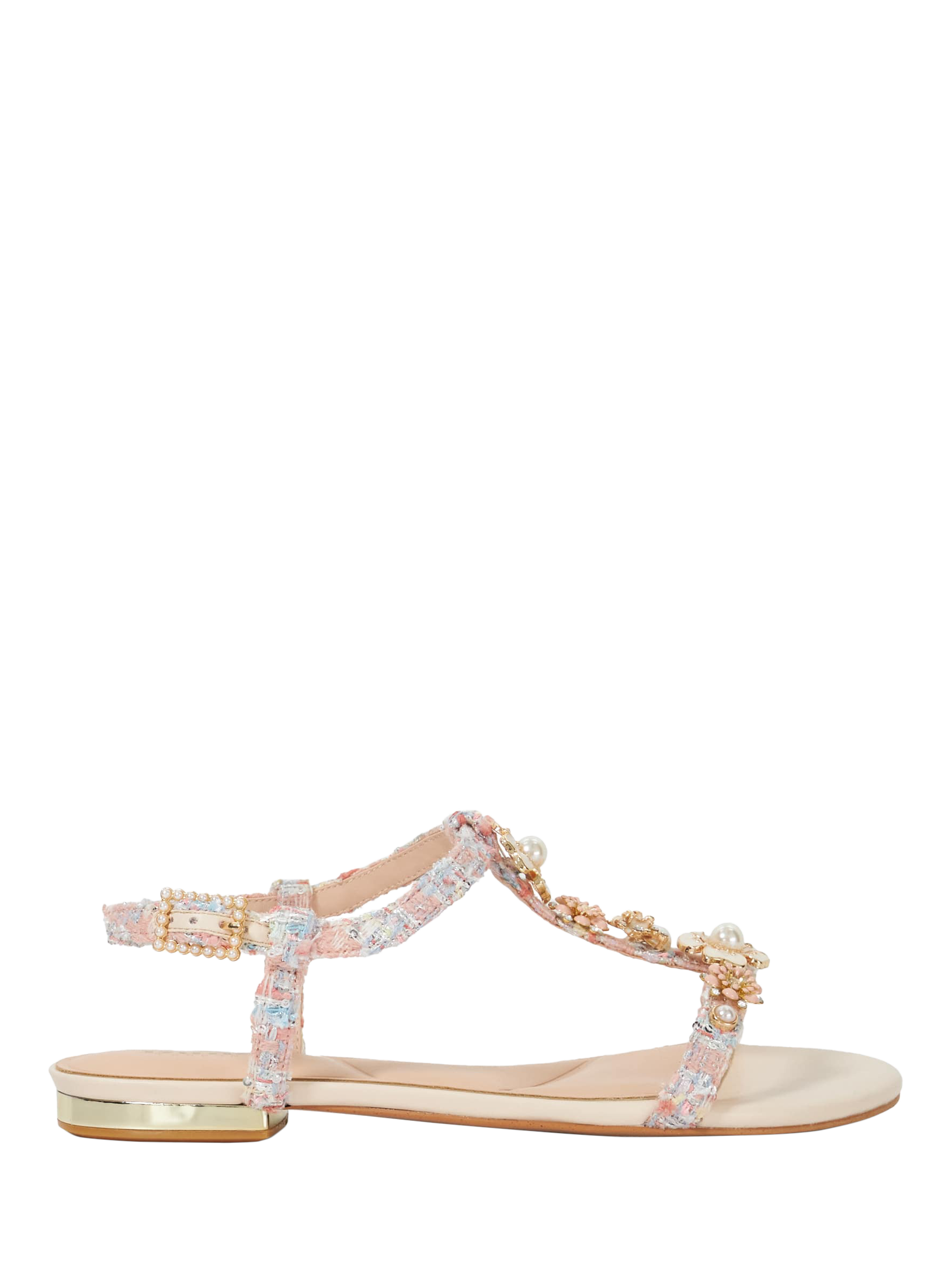 Product image 1 of 6, which shows Dune London Nature 3D Floral Embellished T-Bar Sandals, Multi, EU36