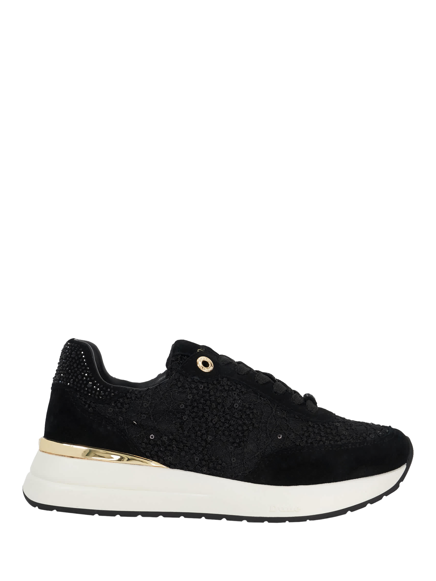 Product image 1 of 5, which shows Dune London Emotion Crystal Embellished Trainers, Black, EU36