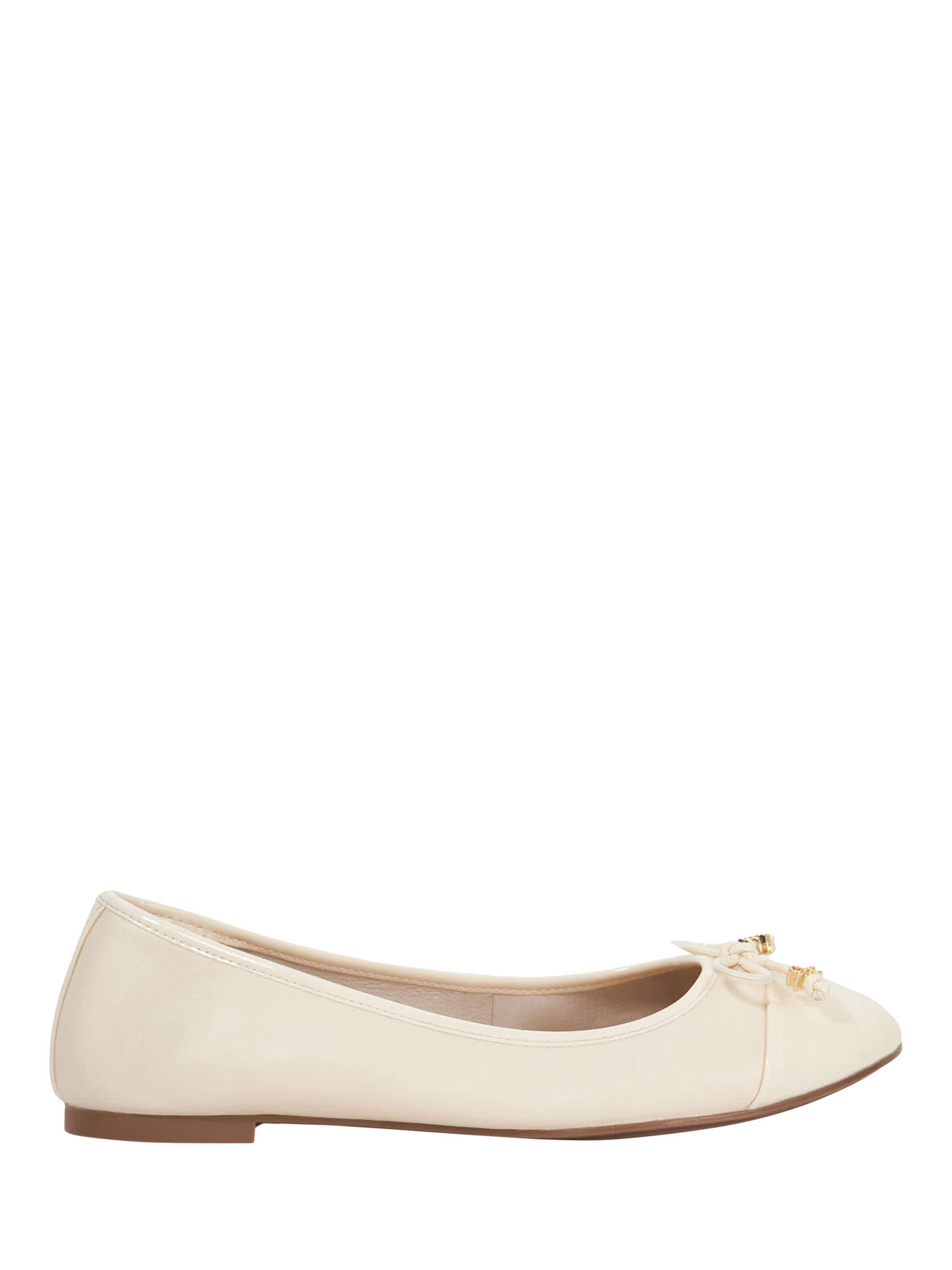 Product image 1 of 5, which shows Dune London Wide Fit Hallo Leather Charm Bow Ballet Pumps, Ecru, EU36