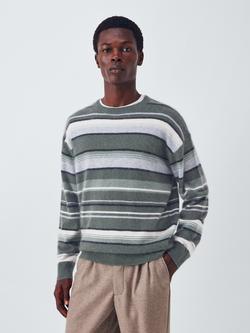 John Lewis Crew Neck Stripe Merino Wool Cashmere Blend Jumper, Sage Neutrals