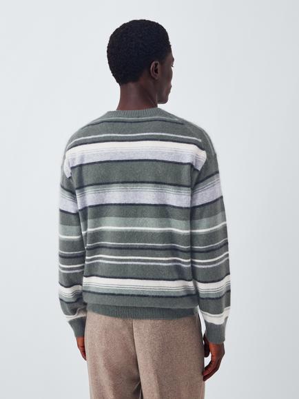 John Lewis Crew Neck Stripe Merino Wool Cashmere Blend Jumper - view 2, Sage Neutrals