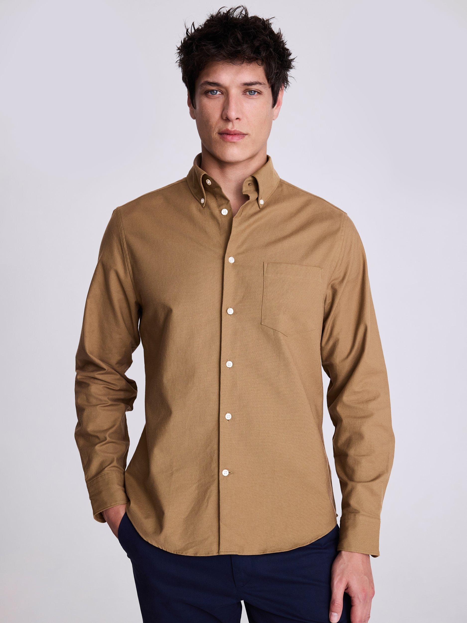 Moss Washed Cotton Textured Oxford Shirt, Brown