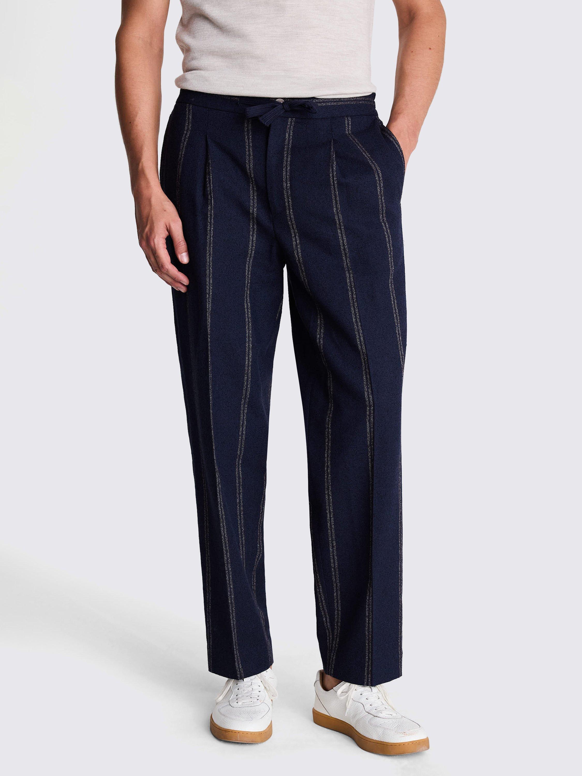 Moss Cotton Blend Stripe Beach Trousers, Blue