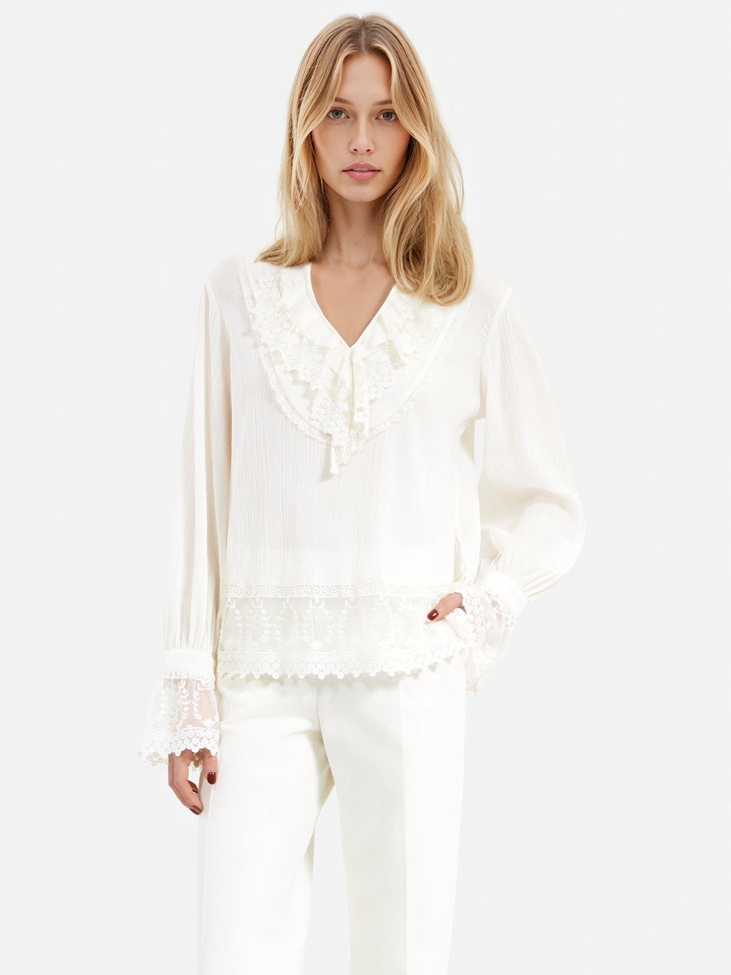 Product image 3 of 4, which shows THE KOOPLES Lace V-Neck Cotton Top, White, 6