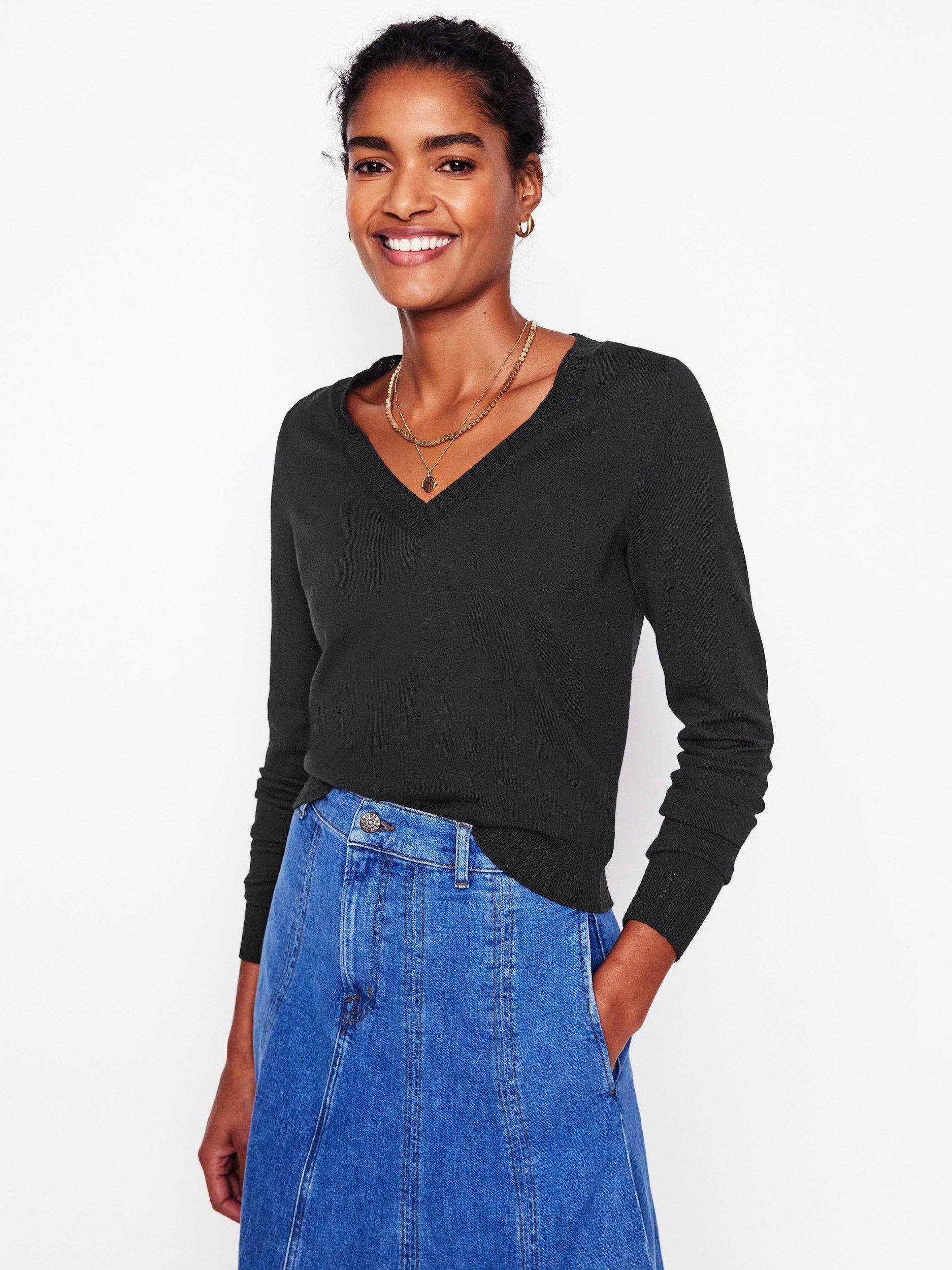 Product image 1 of 6, which shows Boden Emilia V-Neck Jumper, Black, XS