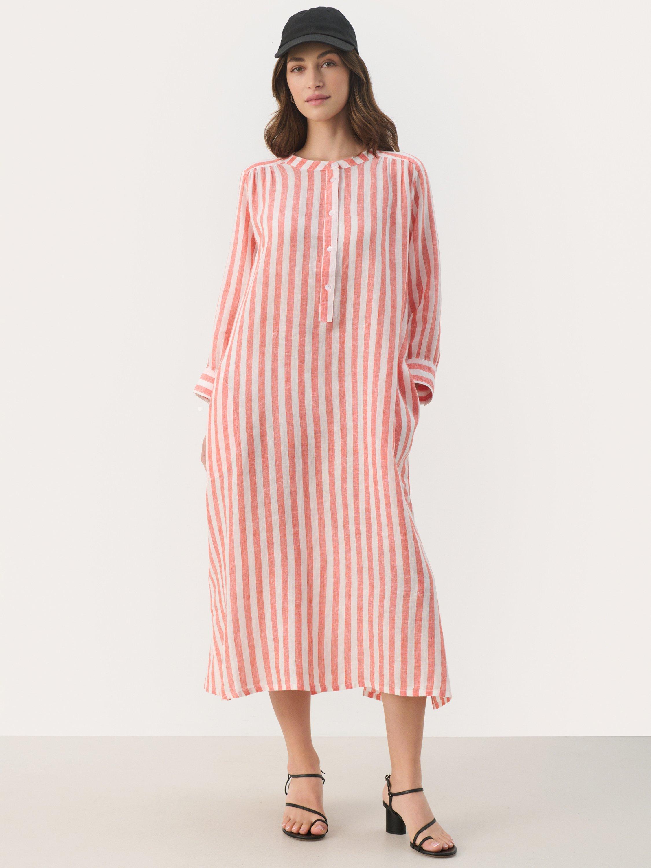 Product image 1 of 6, which shows Part Two Alia Stripe Pure Linen Dress, Mandarin Red, 6