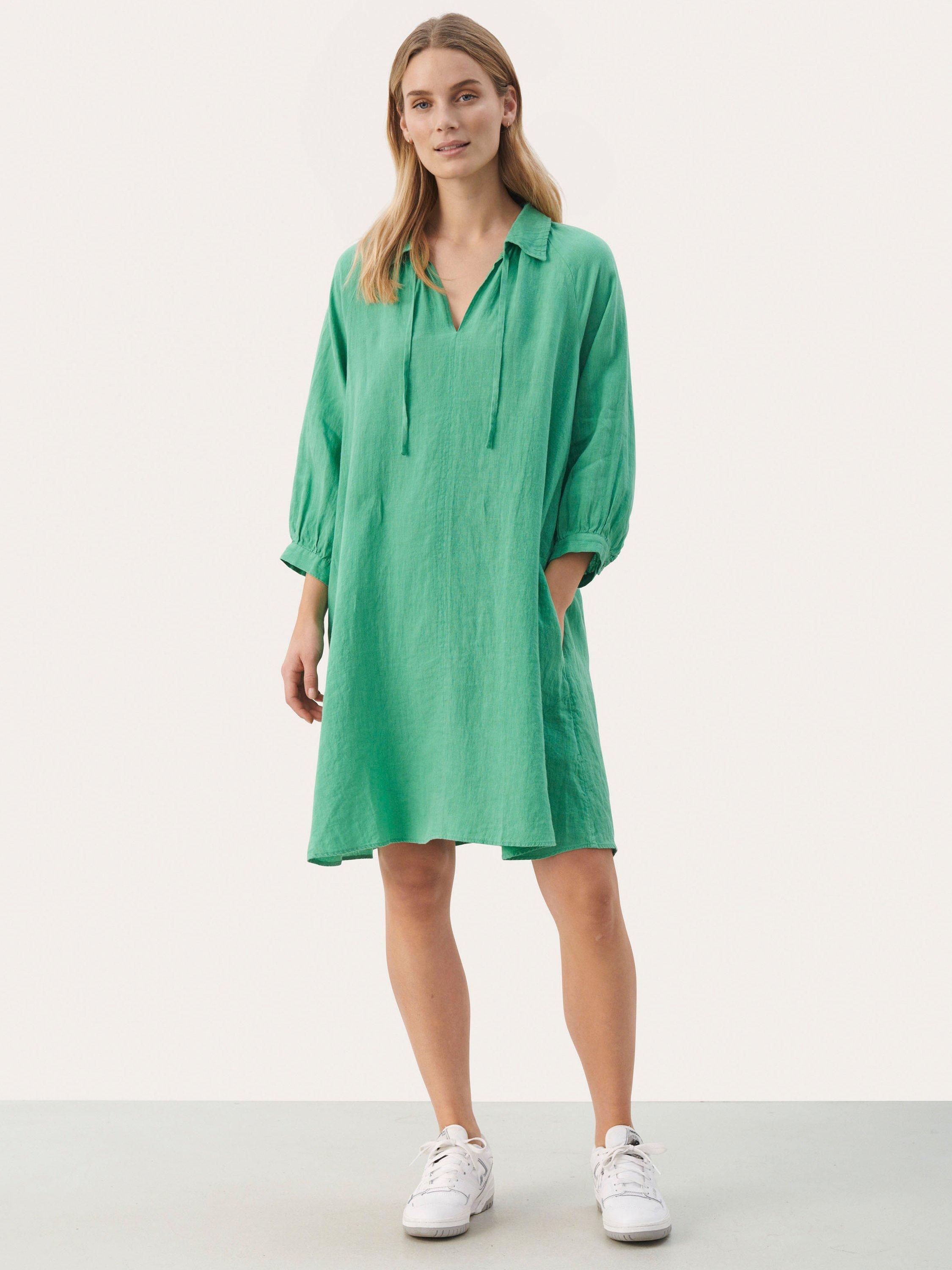 Product image 1 of 8, which shows Part Two Erona Tie Neck Pure Linen Dress, Green Spruce, 8
