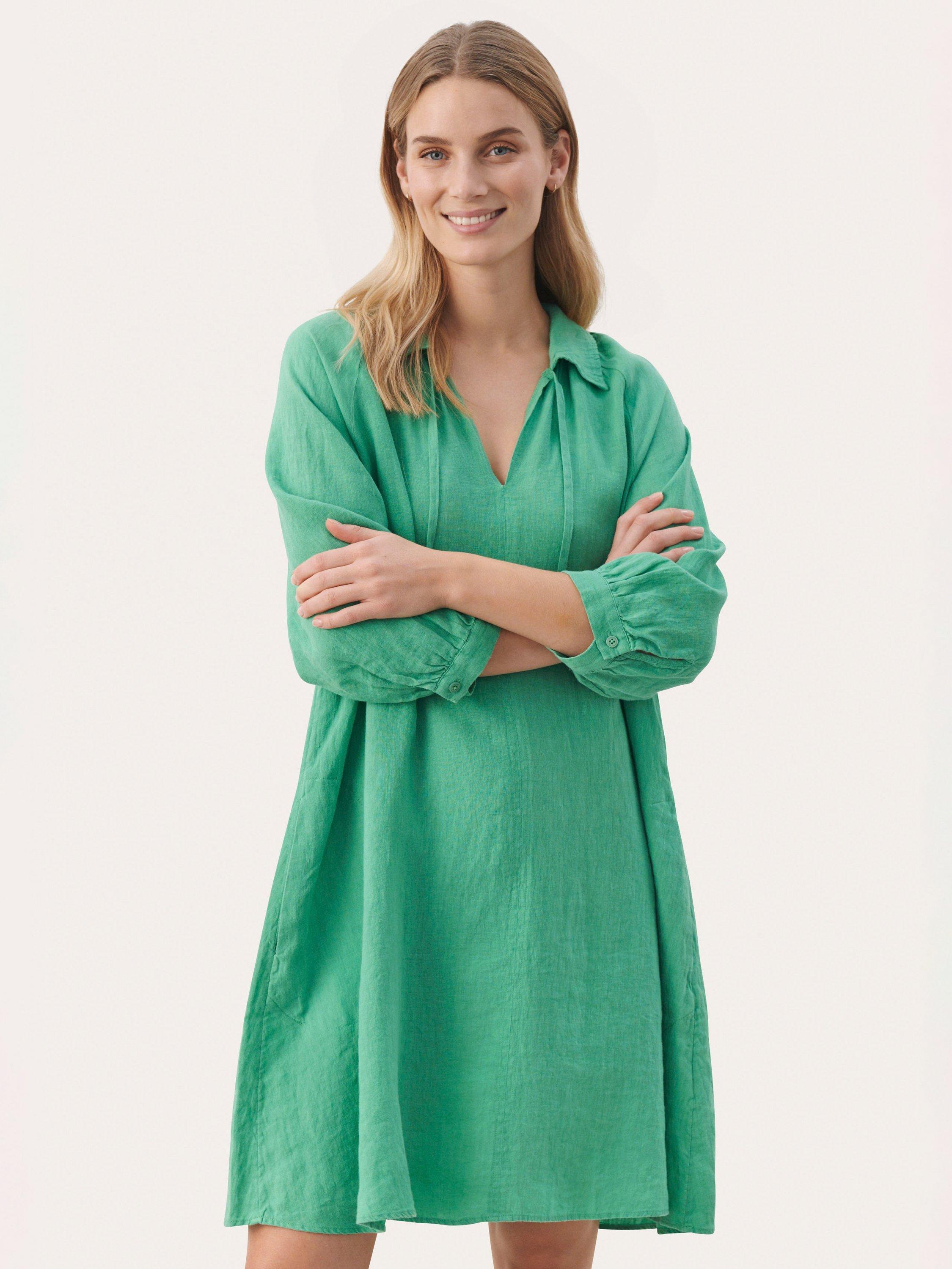Product image 3 of 8, which shows Part Two Erona Tie Neck Pure Linen Dress, Green Spruce, 8