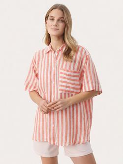 Part Two Garine Stripe Pure Linen Shirt, Mandarin Red, Mandarin Red