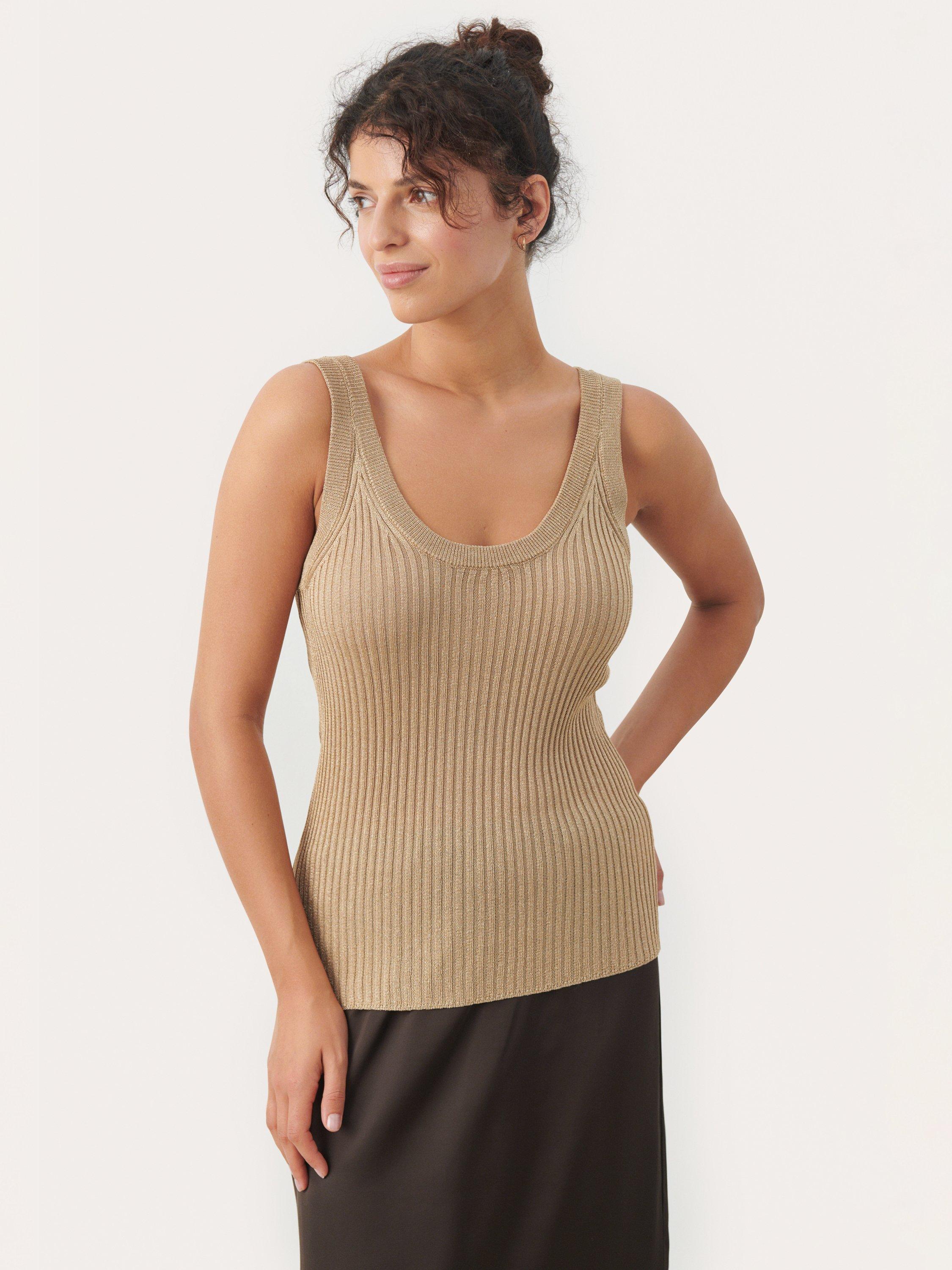 Product image 1 of 6, which shows Part Two Dariya Shimmer Knitted Vest Top, Gold, S