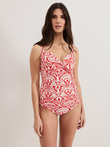 Phase Eight Tile Ruched Swimsuit, Red/Multi, Red/Multi