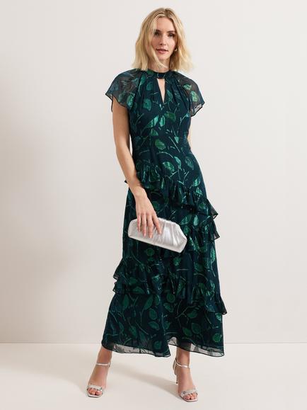 Phase Eight Haisley Leaf Print Ruffle Silk Rich Dress, Mid Green, Mid Green
