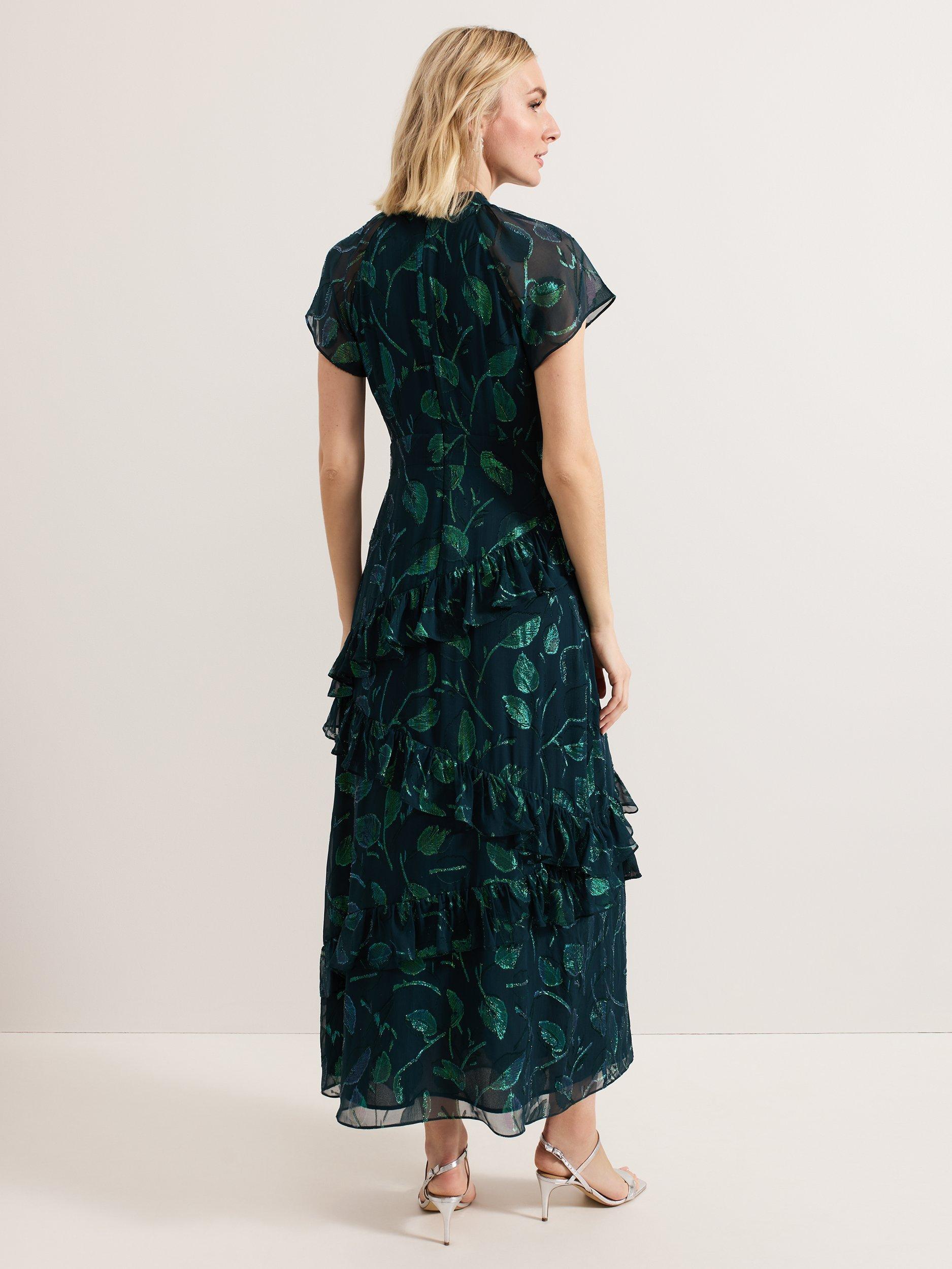 Product image 2 of 8, which shows Phase Eight Haisley Leaf Print Ruffle Silk Rich Dress, Mid Green, 6