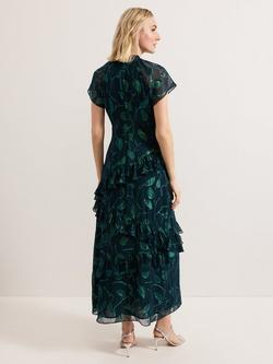 Phase Eight Haisley Leaf Print Ruffle Silk Rich Dress, Mid Green - view 2, Mid Green