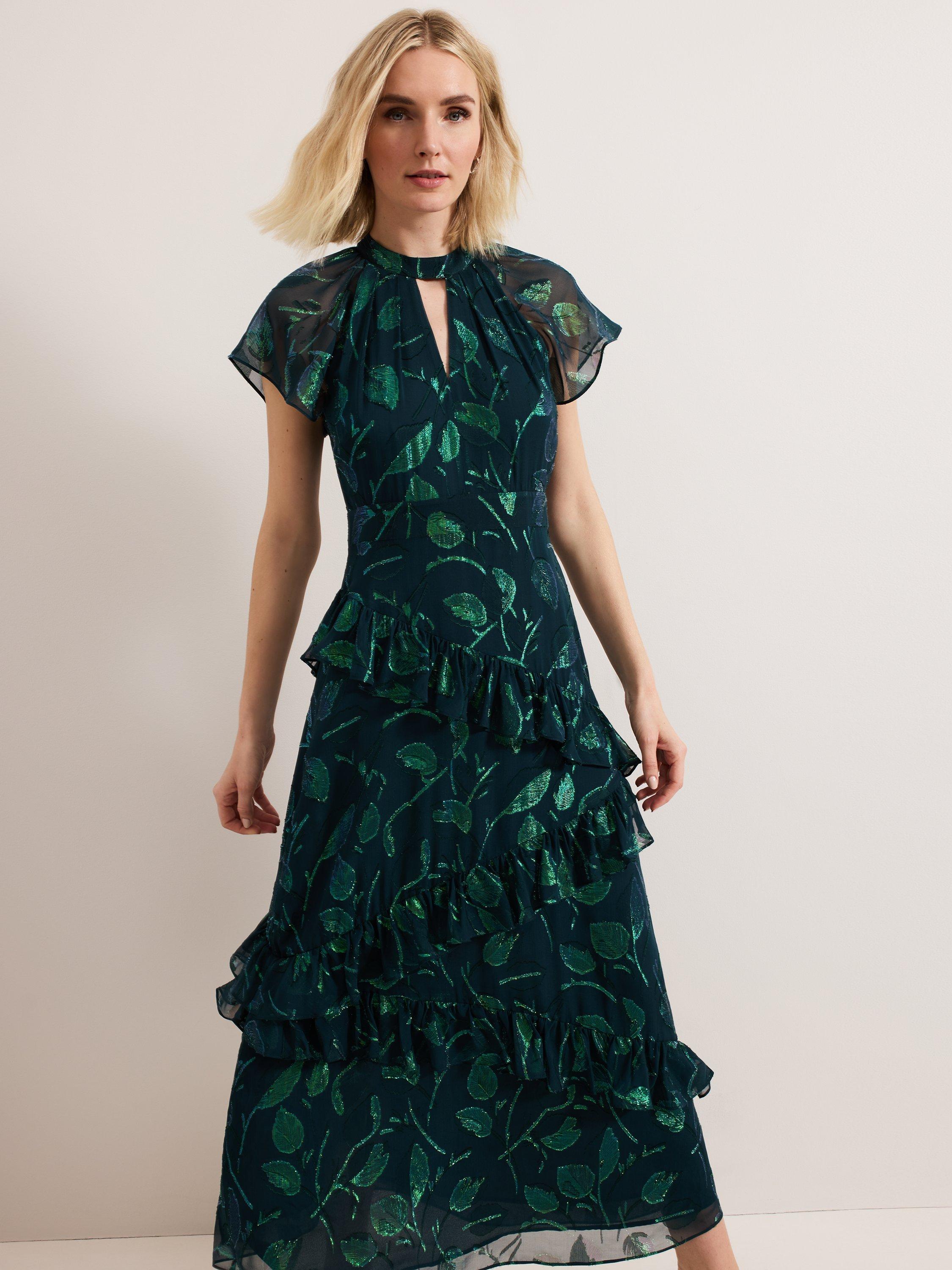 Product image 3 of 8, which shows Phase Eight Haisley Leaf Print Ruffle Silk Rich Dress, Mid Green, 6