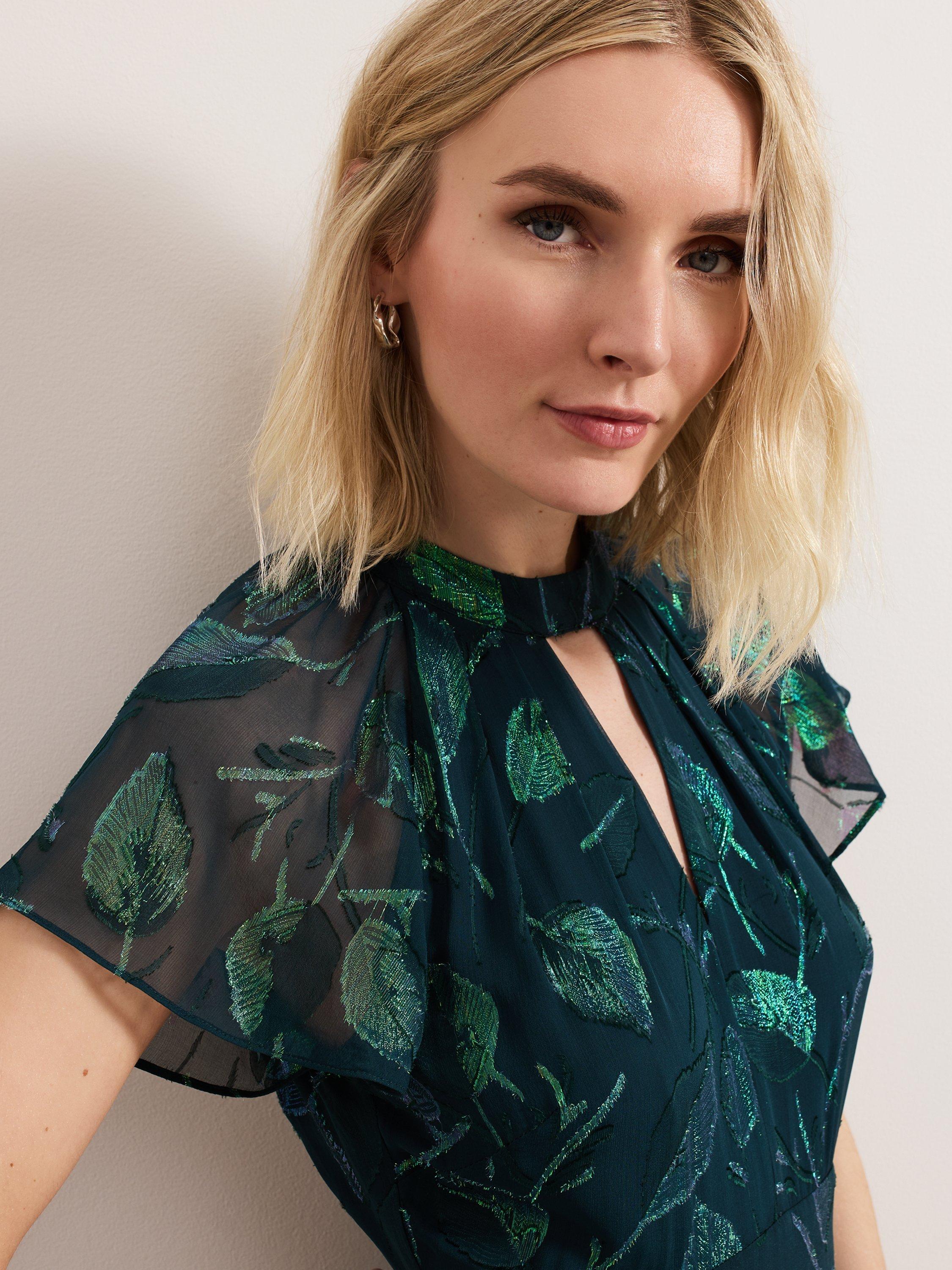 Product image 4 of 8, which shows Phase Eight Haisley Leaf Print Ruffle Silk Rich Dress, Mid Green, 6