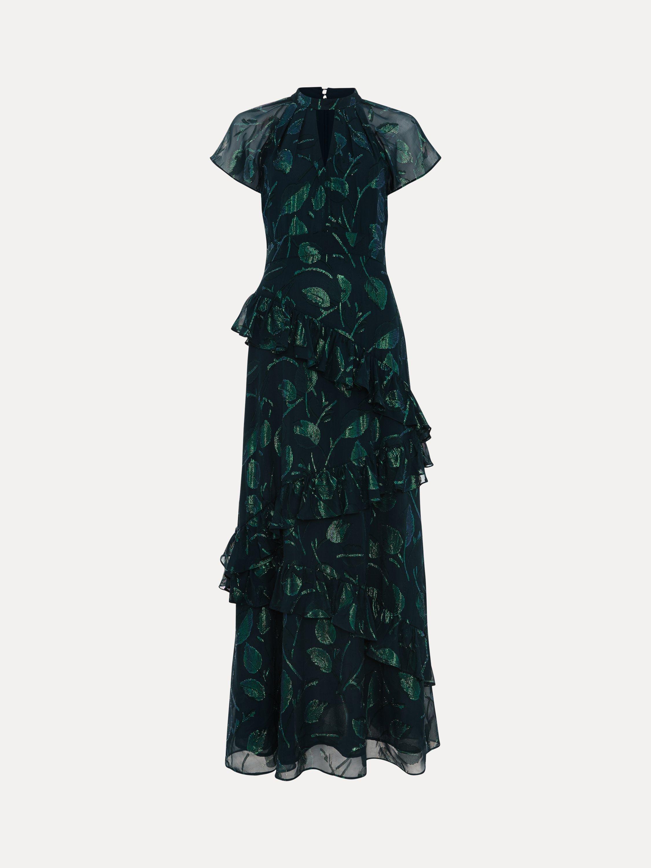 Product image 5 of 8, which shows Phase Eight Haisley Leaf Print Ruffle Silk Rich Dress, Mid Green, 6