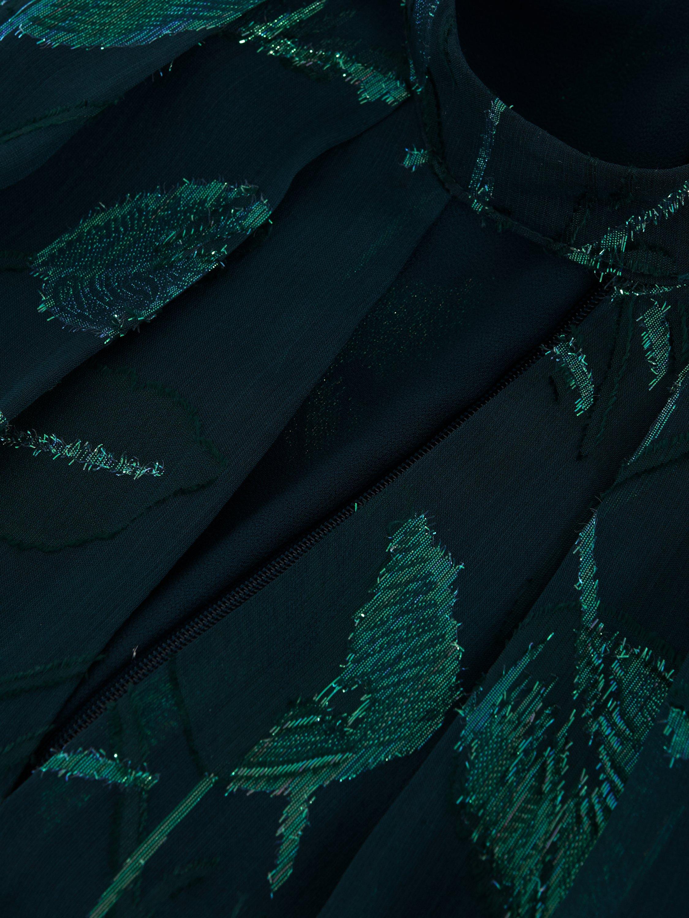 Product image 6 of 8, which shows Phase Eight Haisley Leaf Print Ruffle Silk Rich Dress, Mid Green, 6