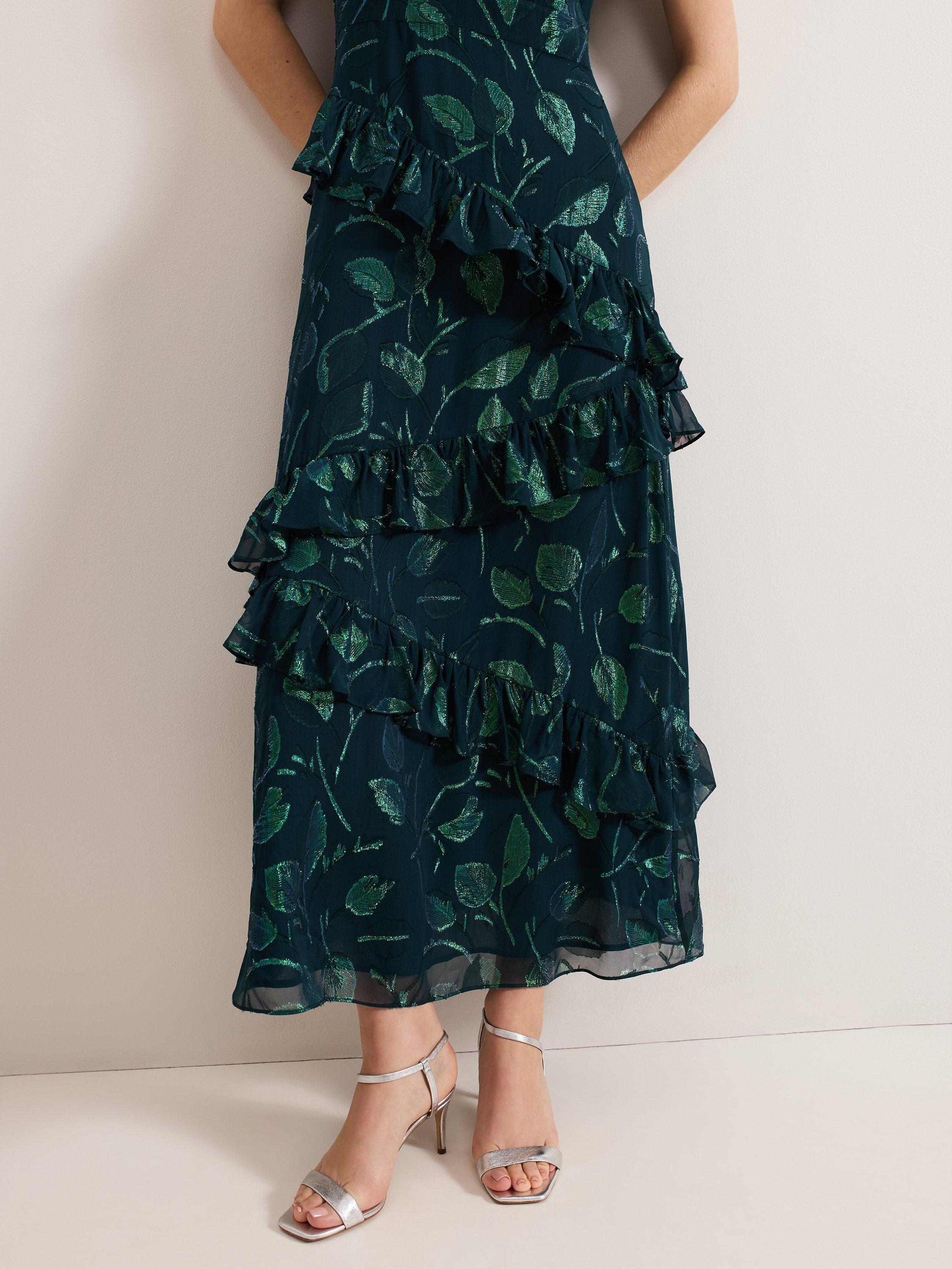Product image 7 of 8, which shows Phase Eight Haisley Leaf Print Ruffle Silk Rich Dress, Mid Green, 6