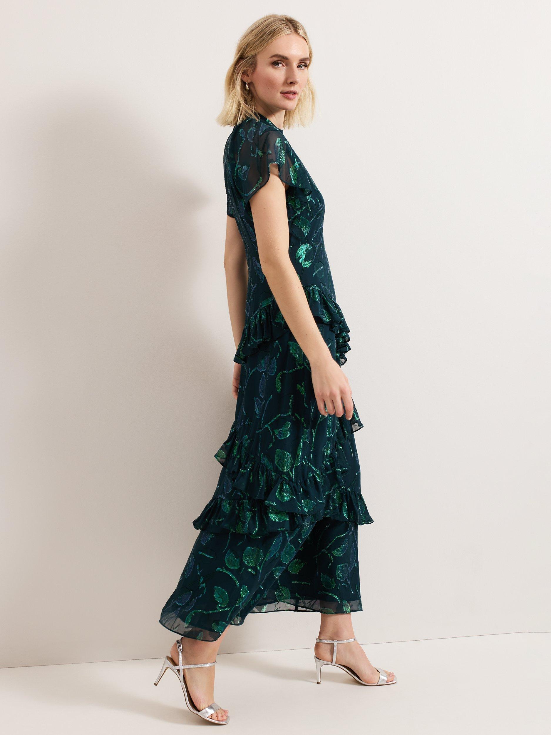 Product image 8 of 8, which shows Phase Eight Haisley Leaf Print Ruffle Silk Rich Dress, Mid Green, 6