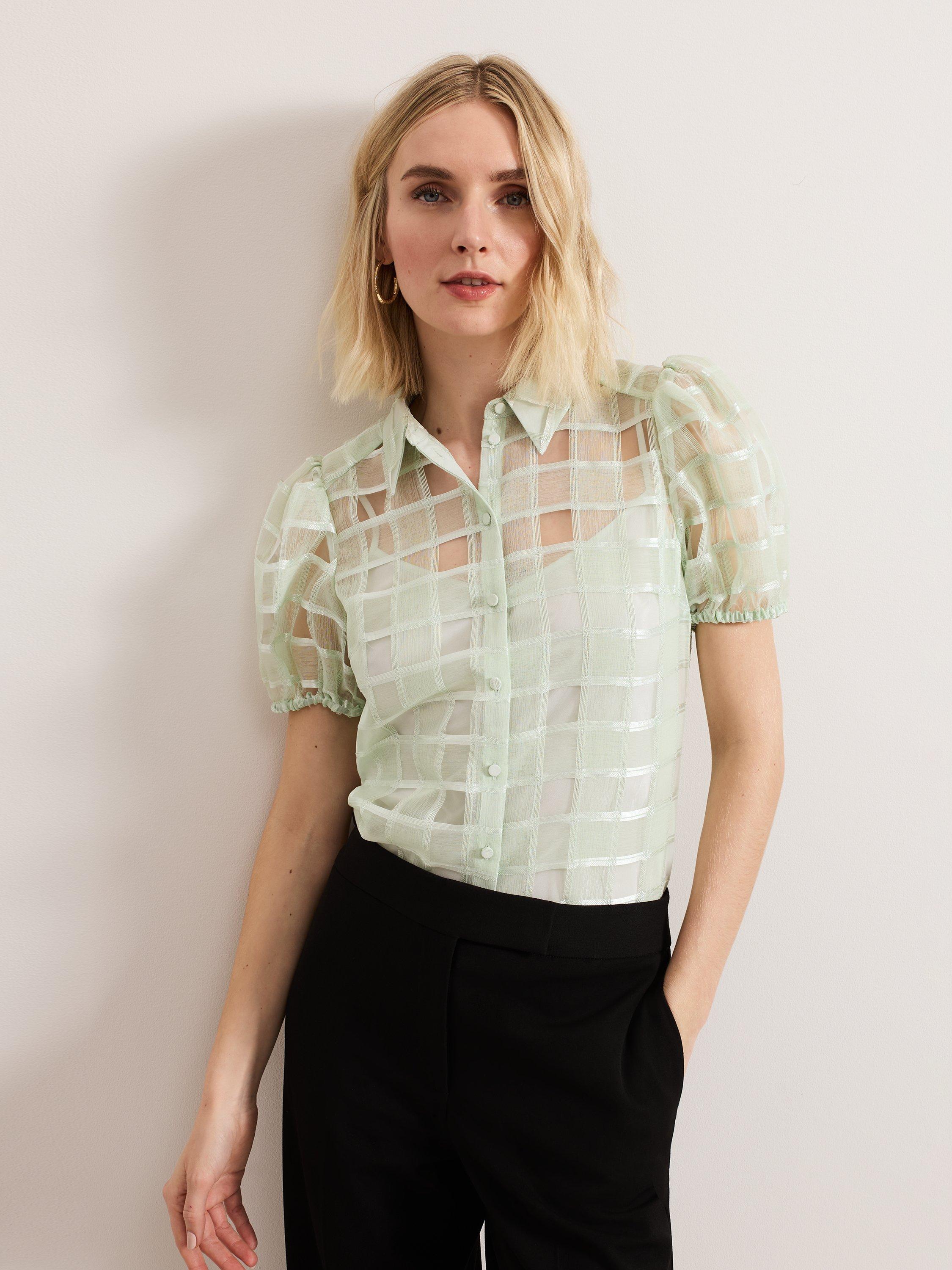 Product image 1 of 8, which shows Phase Eight Angie Check Semi Sheer Shirt, Green, 8