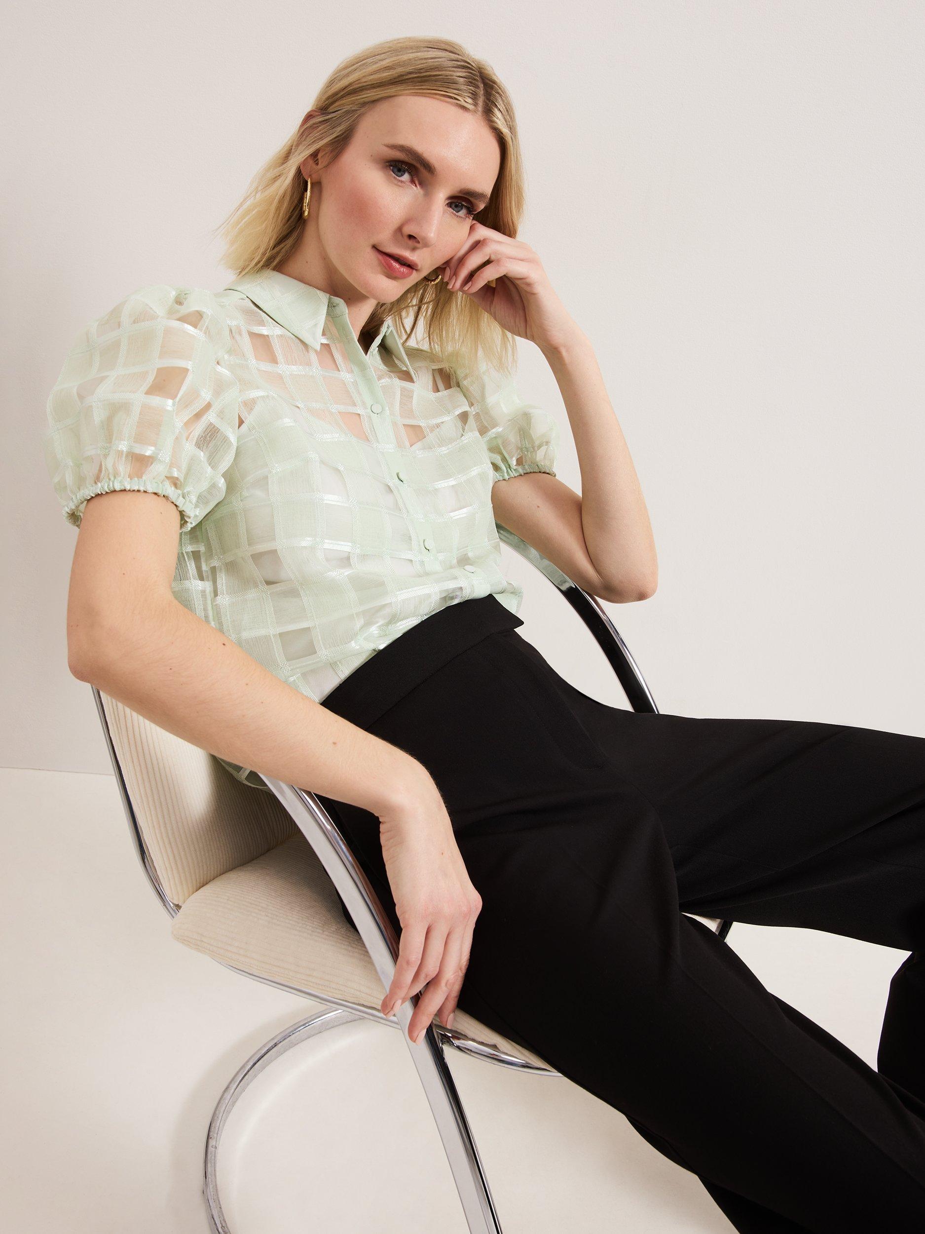 Product image 4 of 8, which shows Phase Eight Angie Check Semi Sheer Shirt, Green, 8