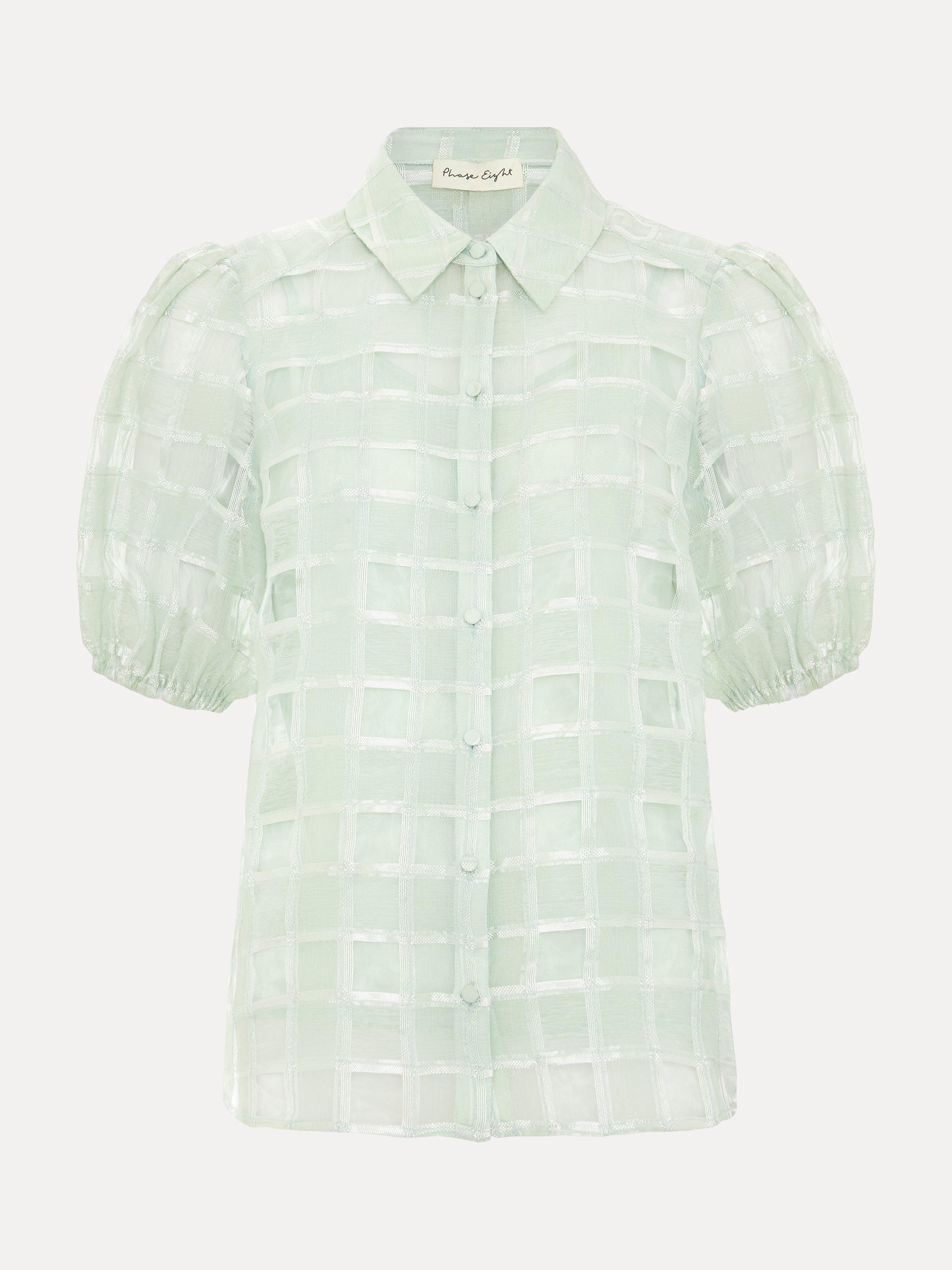 Product image 5 of 8, which shows Phase Eight Angie Check Semi Sheer Shirt, Green, 8