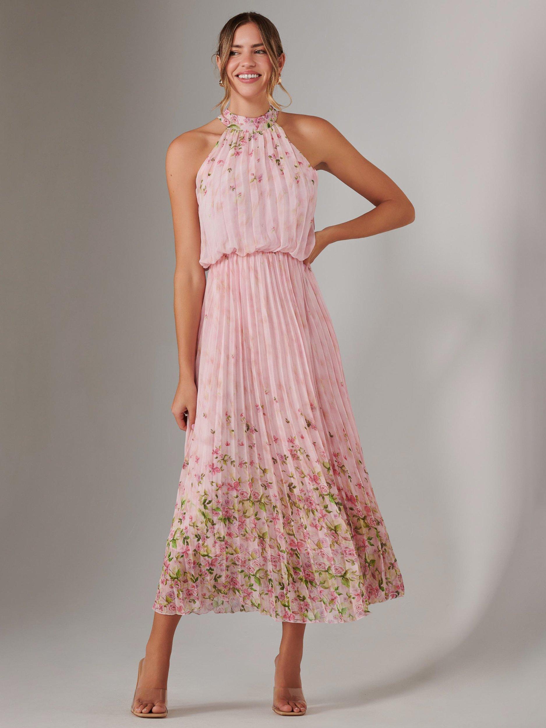 Product image 1 of 7, which shows Jolie Moi Pleated Halterneck Maxi Dress, Pink, 8