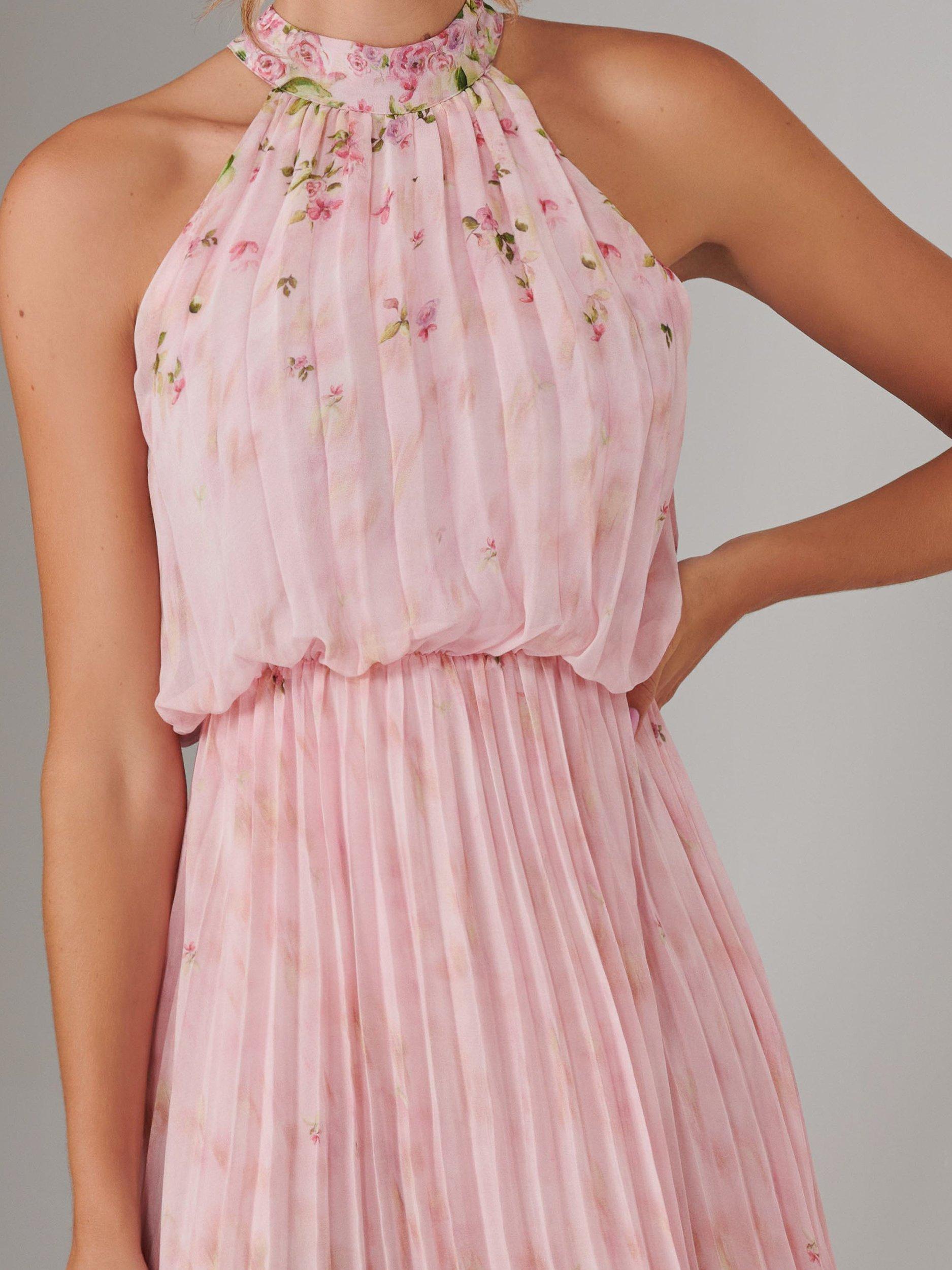 Product image 3 of 7, which shows Jolie Moi Pleated Halterneck Maxi Dress, Pink, 8