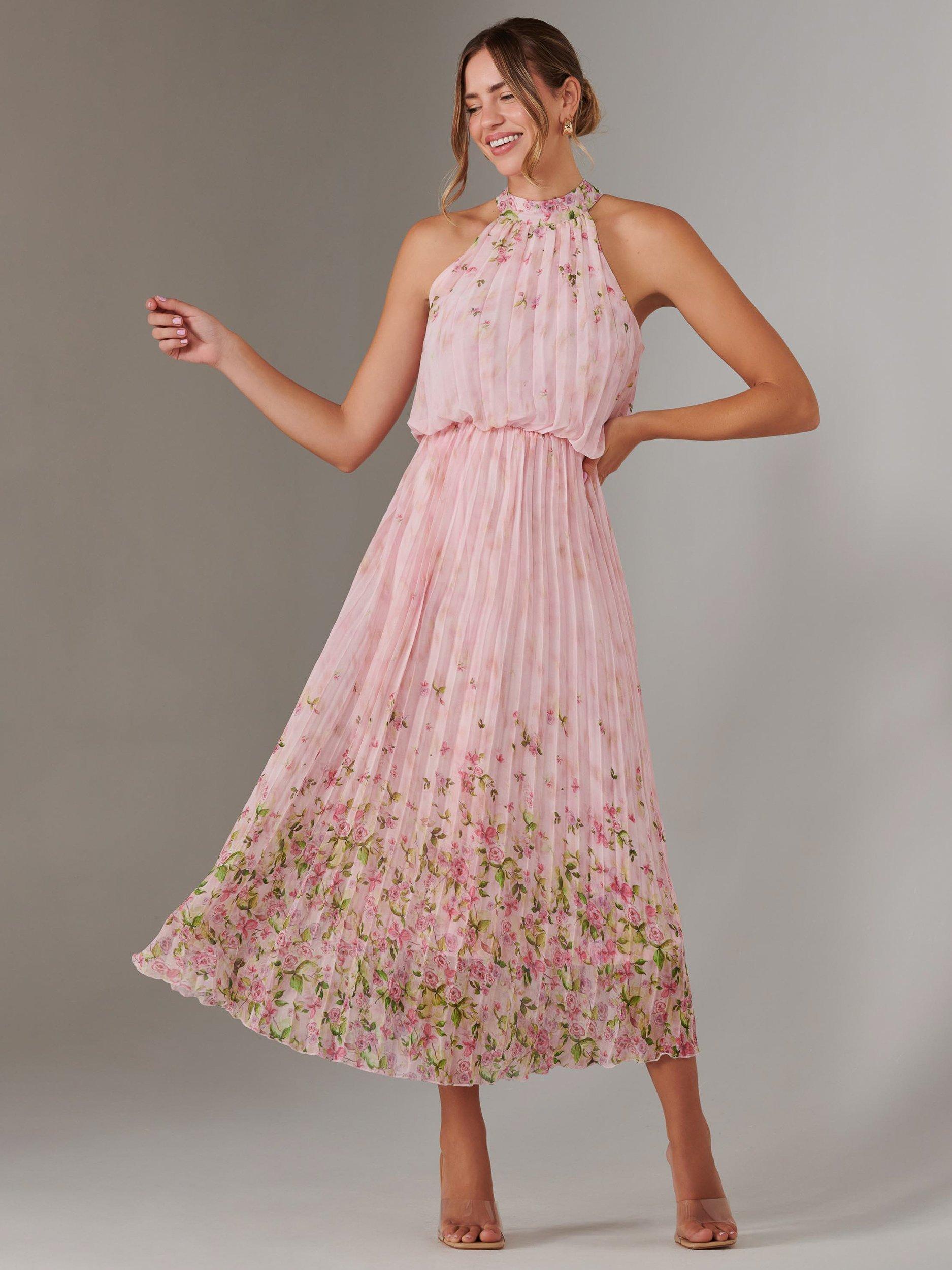 Product image 4 of 7, which shows Jolie Moi Pleated Halterneck Maxi Dress, Pink, 8