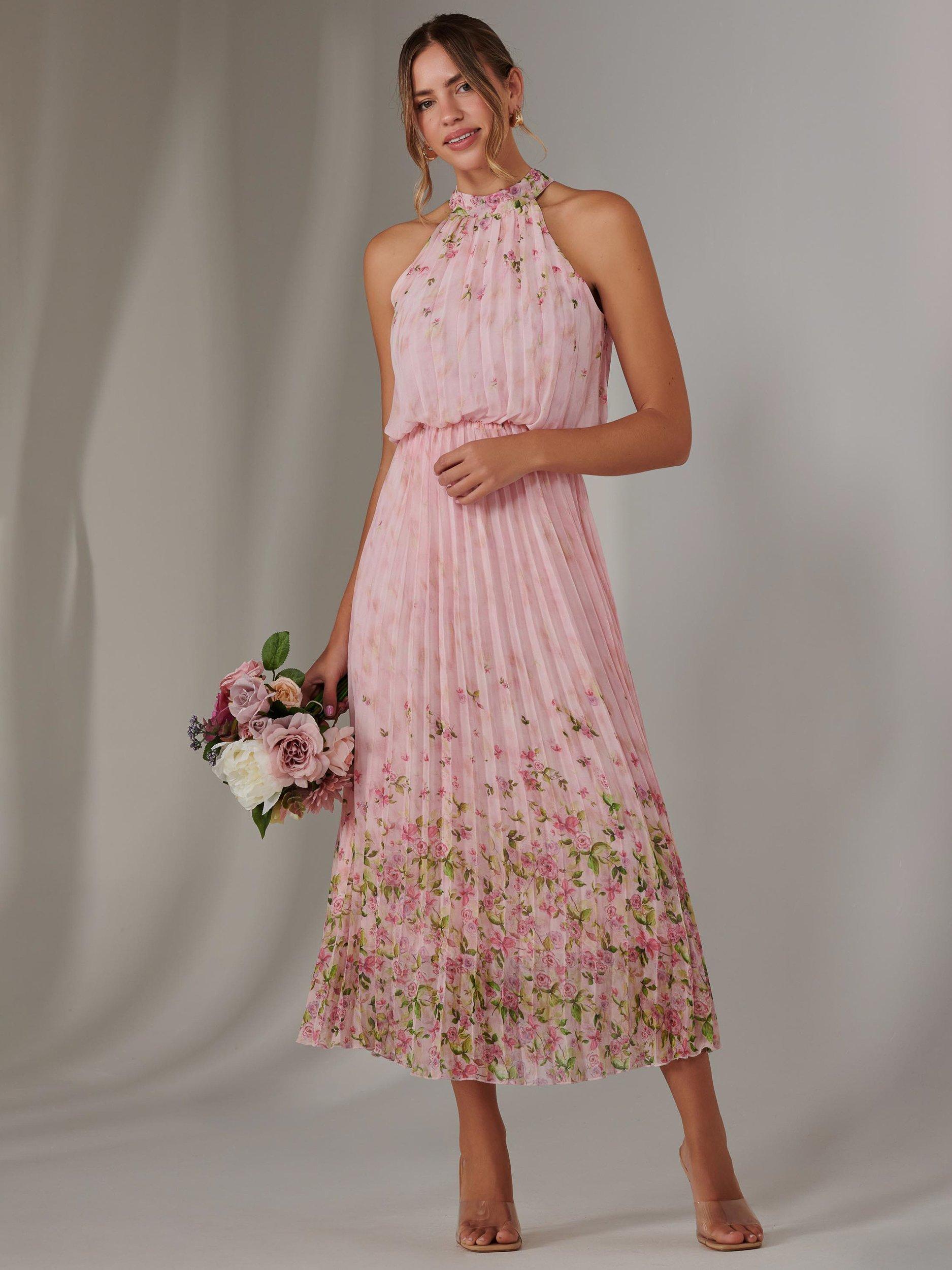 Product image 5 of 7, which shows Jolie Moi Pleated Halterneck Maxi Dress, Pink, 8
