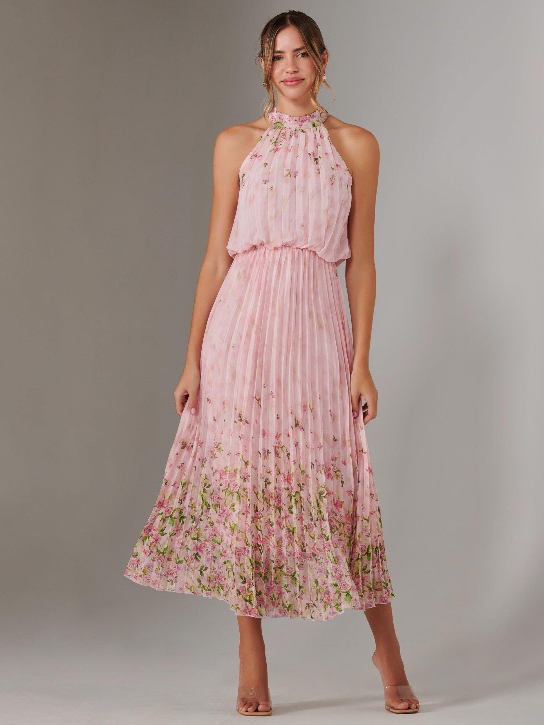 Product image 6 of 7, which shows Jolie Moi Pleated Halterneck Maxi Dress, Pink, 8