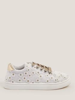 Monsoon Kids' Flowal Embroidered Trainers, White/Gold, White/Gold