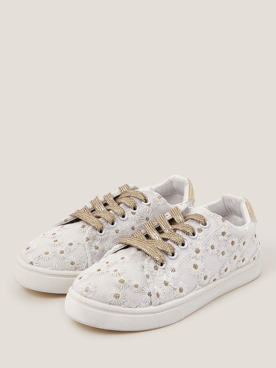 Product image 2 of 3, which shows Monsoon Kids' Flowal Embroidered Trainers, White/Gold, 10 Jnr