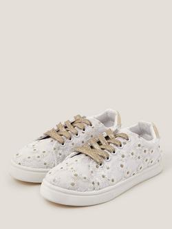 Monsoon Kids' Flowal Embroidered Trainers, White/Gold - view 2, White/Gold