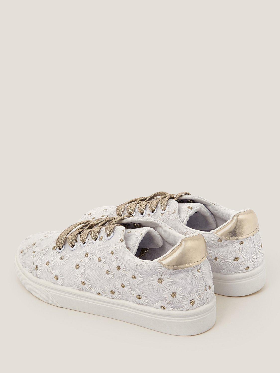 Product image 3 of 3, which shows Monsoon Kids' Flowal Embroidered Trainers, White/Gold, 10 Jnr