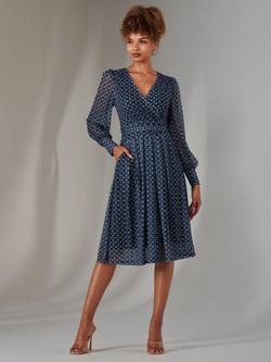 Jolie Moi Long Sleeve Lace Print Midi Dress, Navy, Navy